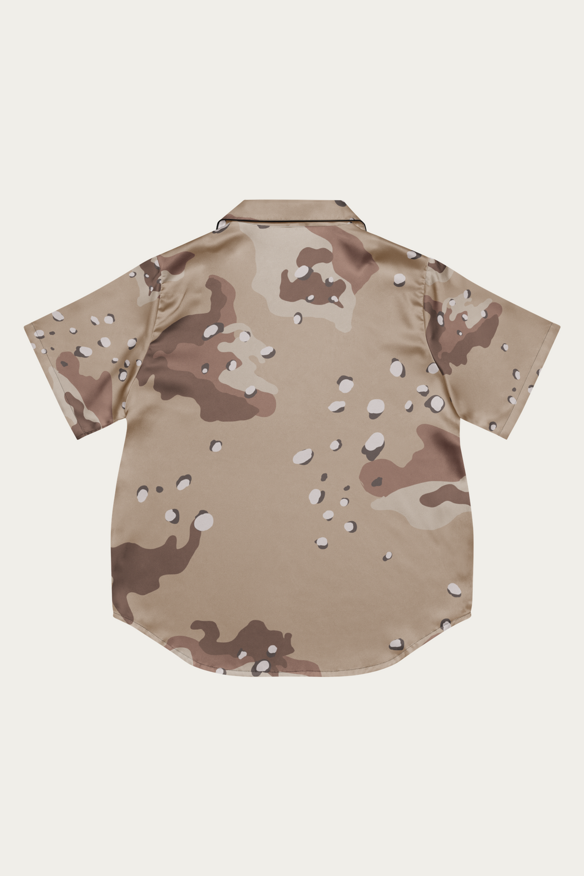 Satin Camp Shirt, Desert Camo by Andre Blunt, from the back, on a Cloud White ground