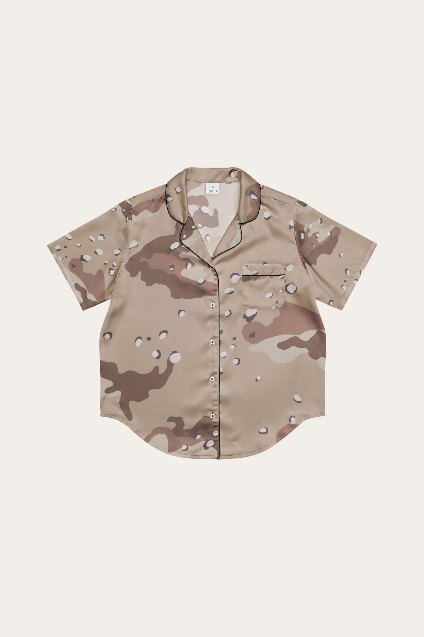 Satin Camp Shirt, Desert Camo by Andre Blunt, shown on a Cloud White ground