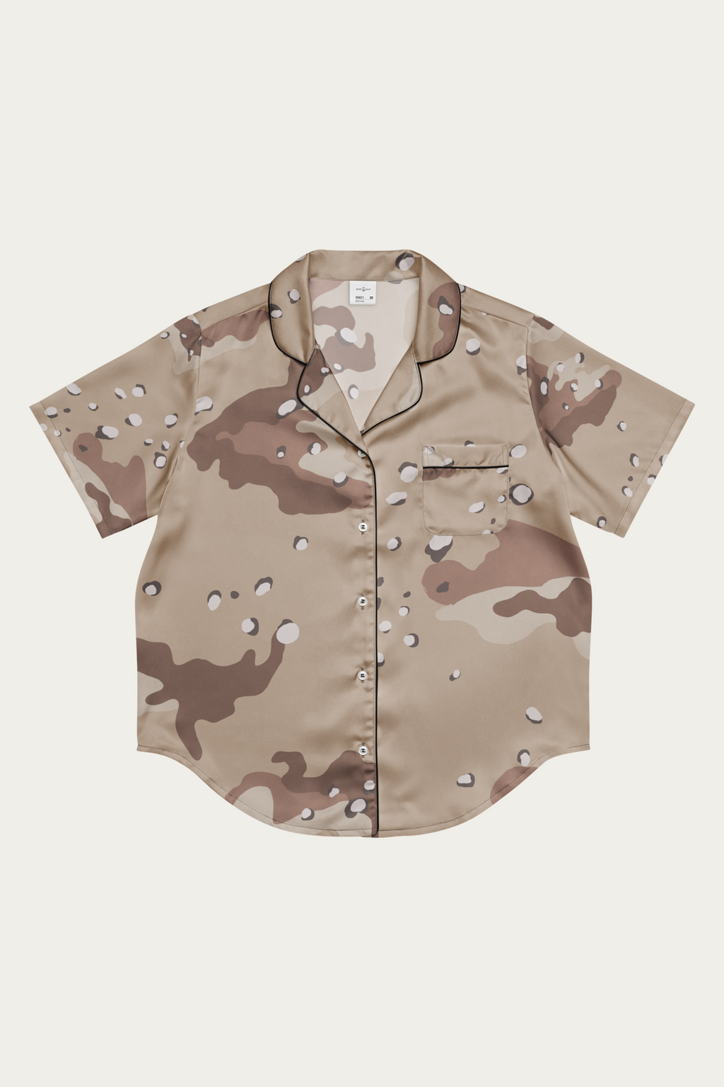 Satin Camp Shirt, Desert Camo by Andre Blunt, shown on a Cloud White ground