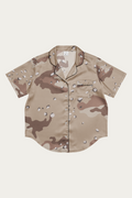 Satin Camp Shirt, Desert Camo by Andre Blunt, shown on a Cloud White ground