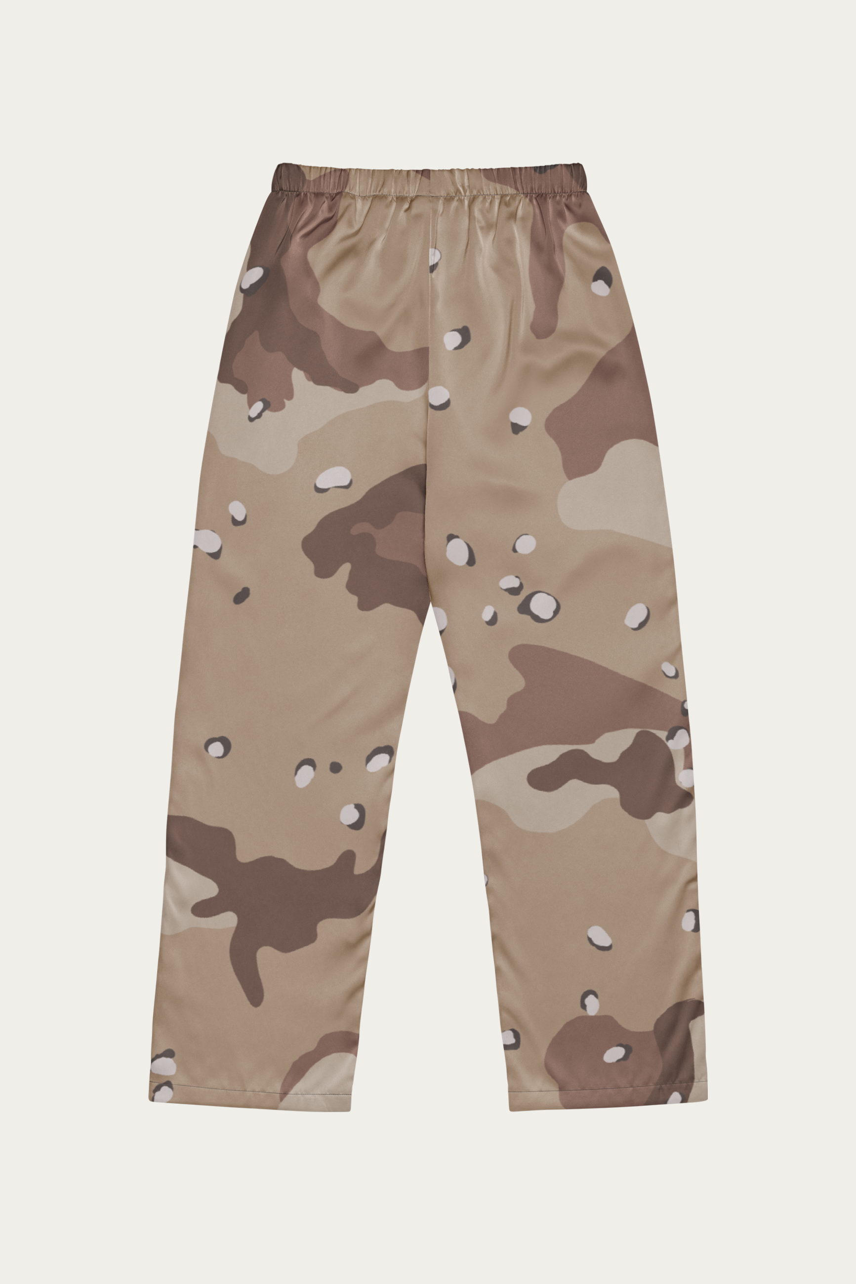 Satin Lounge Pants, Desert Camo by Andre Blunt, from the back, on a Cloud White ground