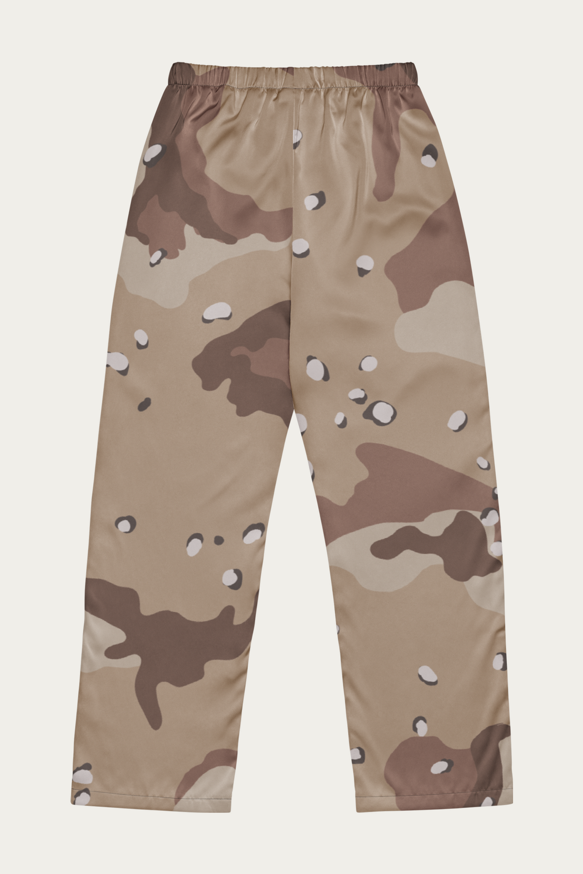 Satin Lounge Pants, Desert Camo by Andre Blunt, from the back, on a Cloud White ground