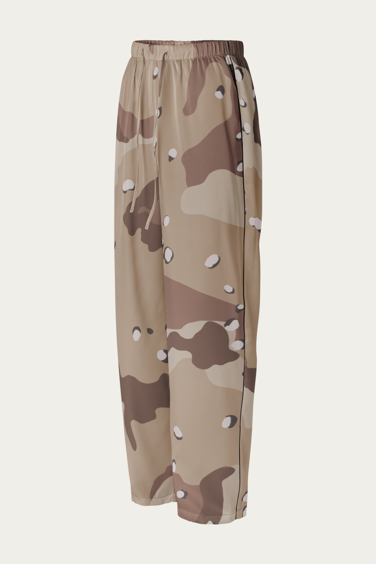 Satin Lounge Pants, Desert Camo by Andre Blunt, from the left, on a Cloud White ground