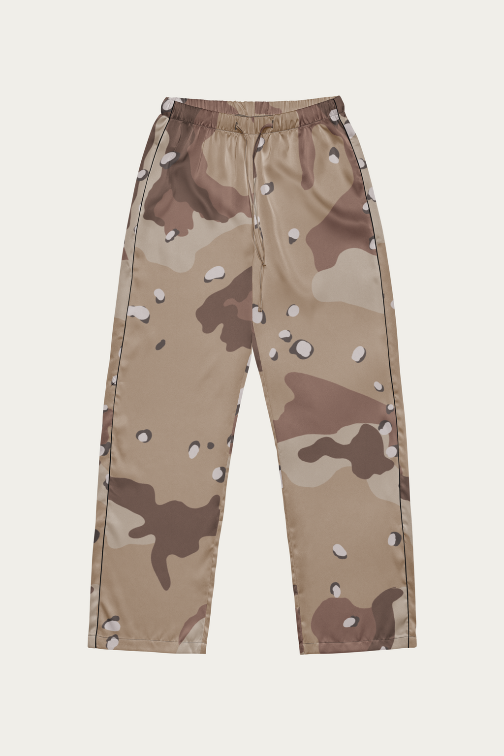 Satin Lounge Pants, Desert Camo by Andre Blunt, shown on a Cloud White ground