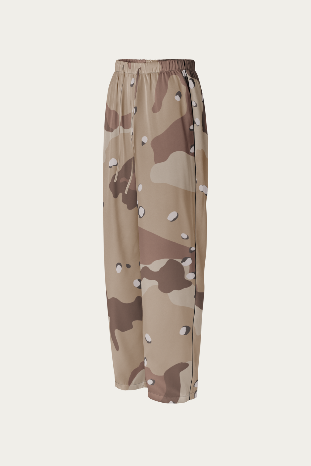 Satin Lounge Pants, Desert Camo by Andre Blunt, from the left, on a Cloud White ground