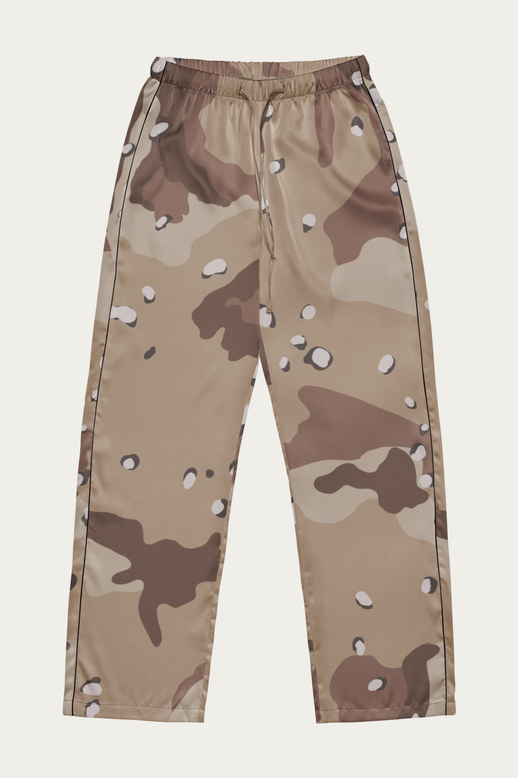 Satin Lounge Pants, Desert Camo by Andre Blunt, shown on a Cloud White ground