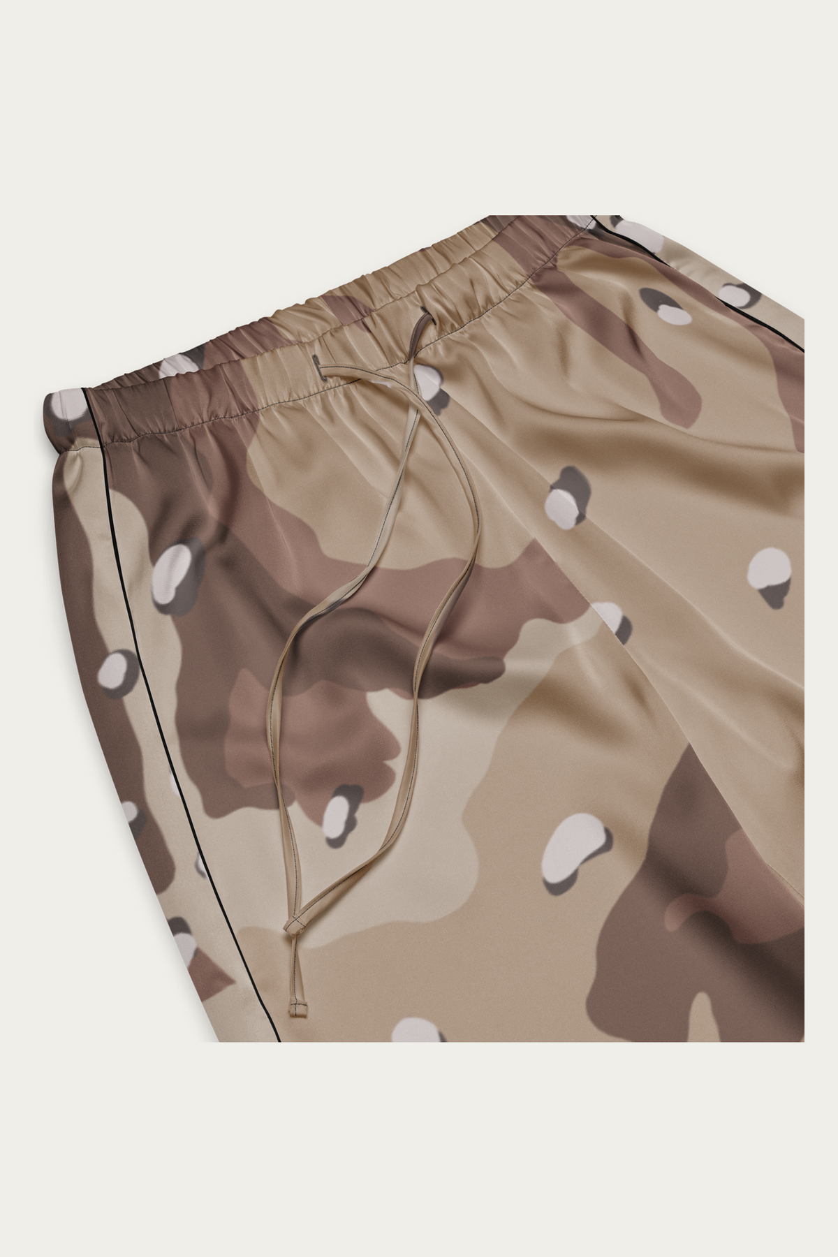 Satin Lounge Pants, Desert Camo by Andre Blunt, waistband detail, on a Cloud White ground