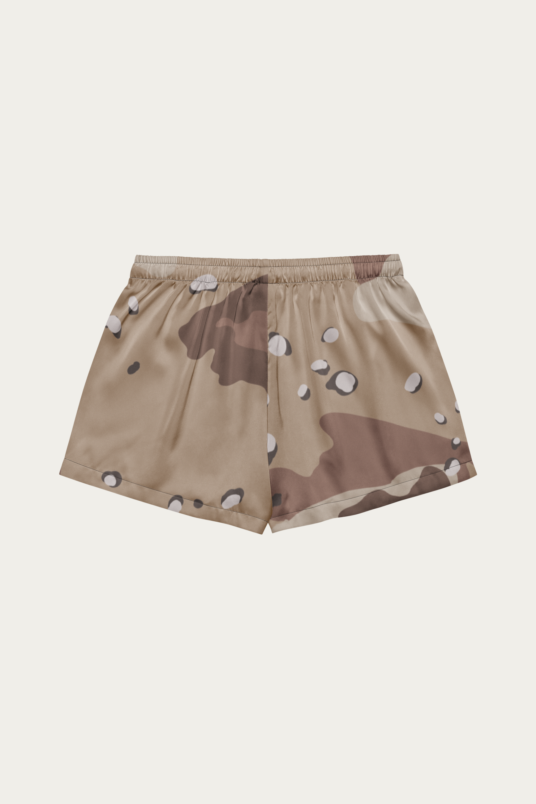 Satin Lounge Shorts, Desert Camo by Andre Blunt, from the back, on a Cloud White ground