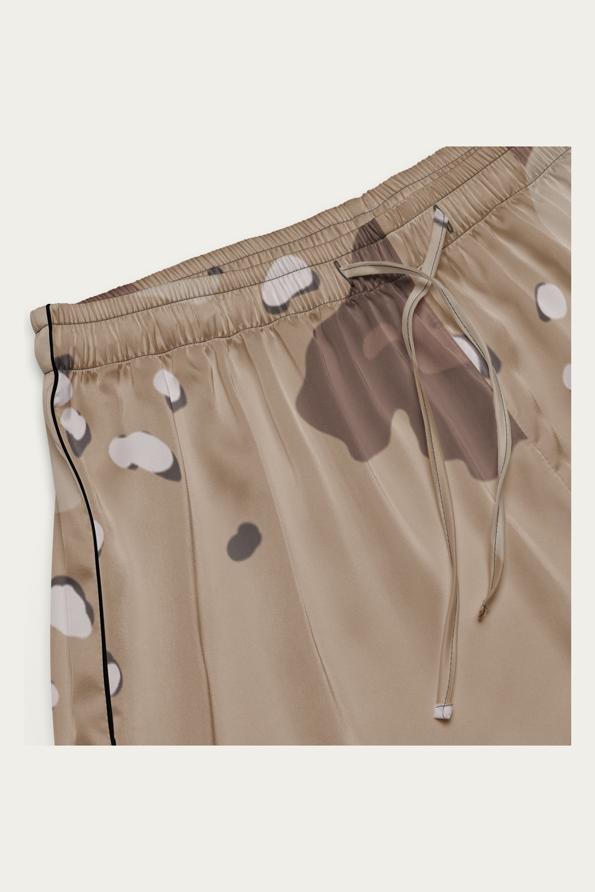 Satin Lounge Shorts, Desert Camo by Andre Blunt, detail, on a Cloud White ground