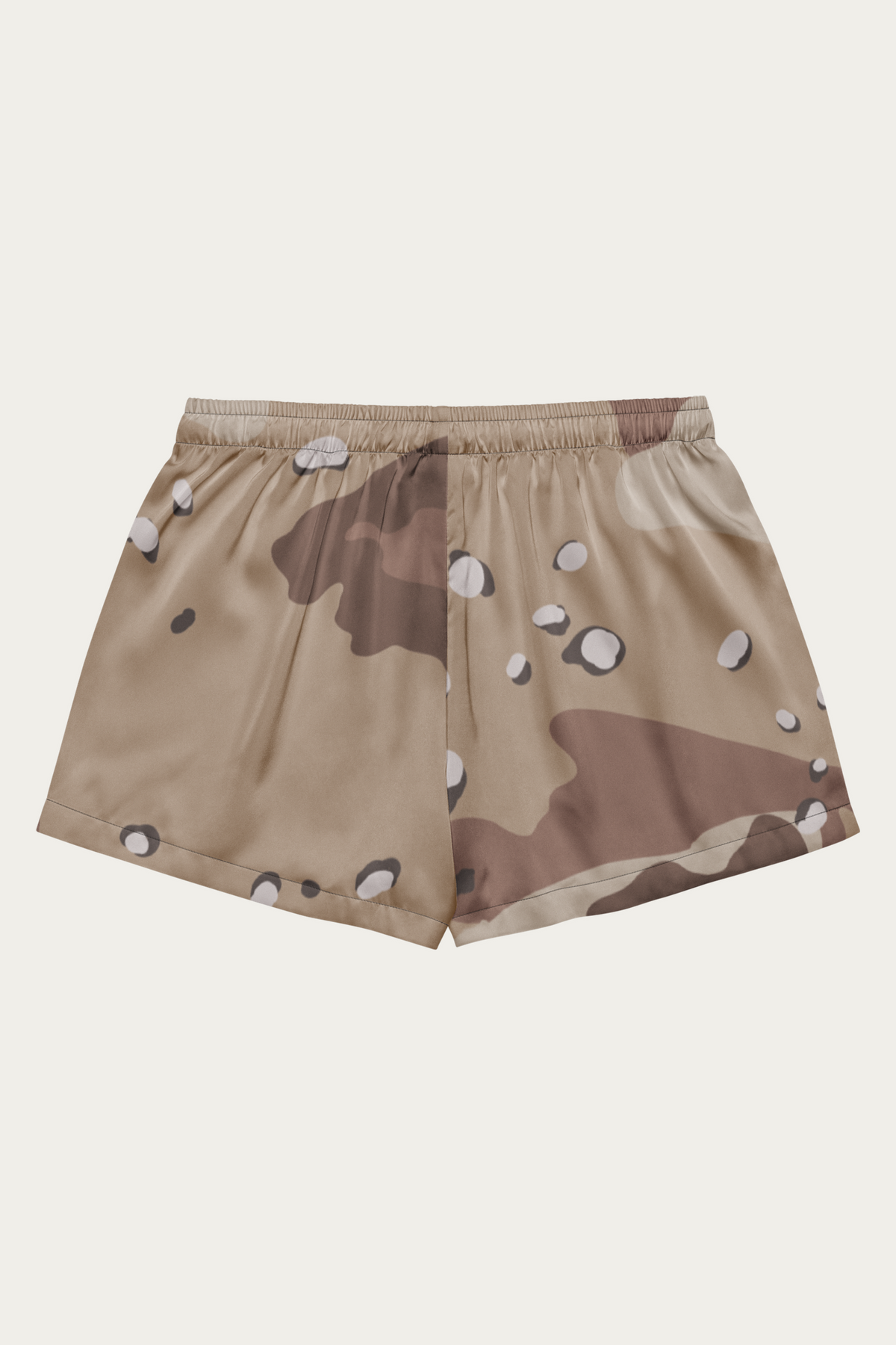 Satin Lounge Shorts, Desert Camo by Andre Blunt, from the back, on a Cloud White ground