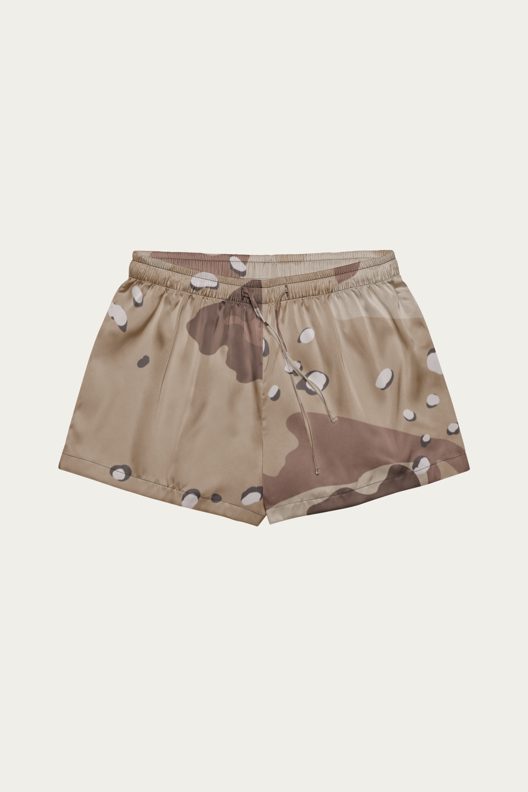 Satin Lounge Shorts, Desert Camo by Andre Blunt, shown on a Cloud White ground
