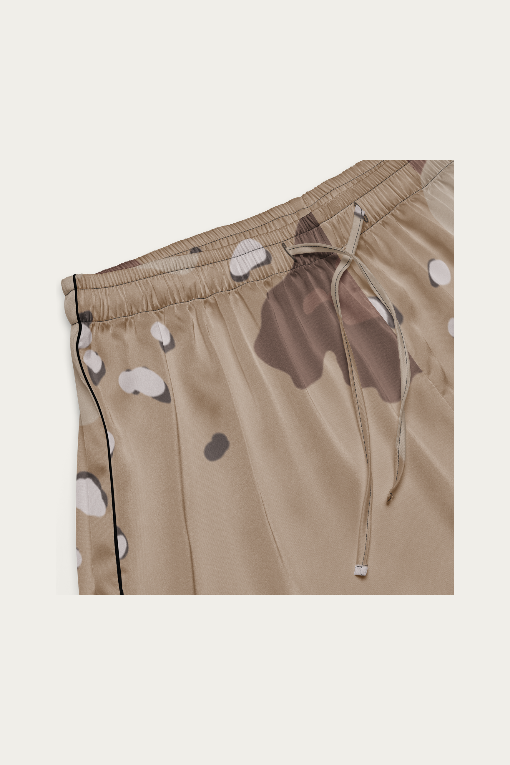 Satin Lounge Shorts, Desert Camo by Andre Blunt, detail, on a Cloud White ground