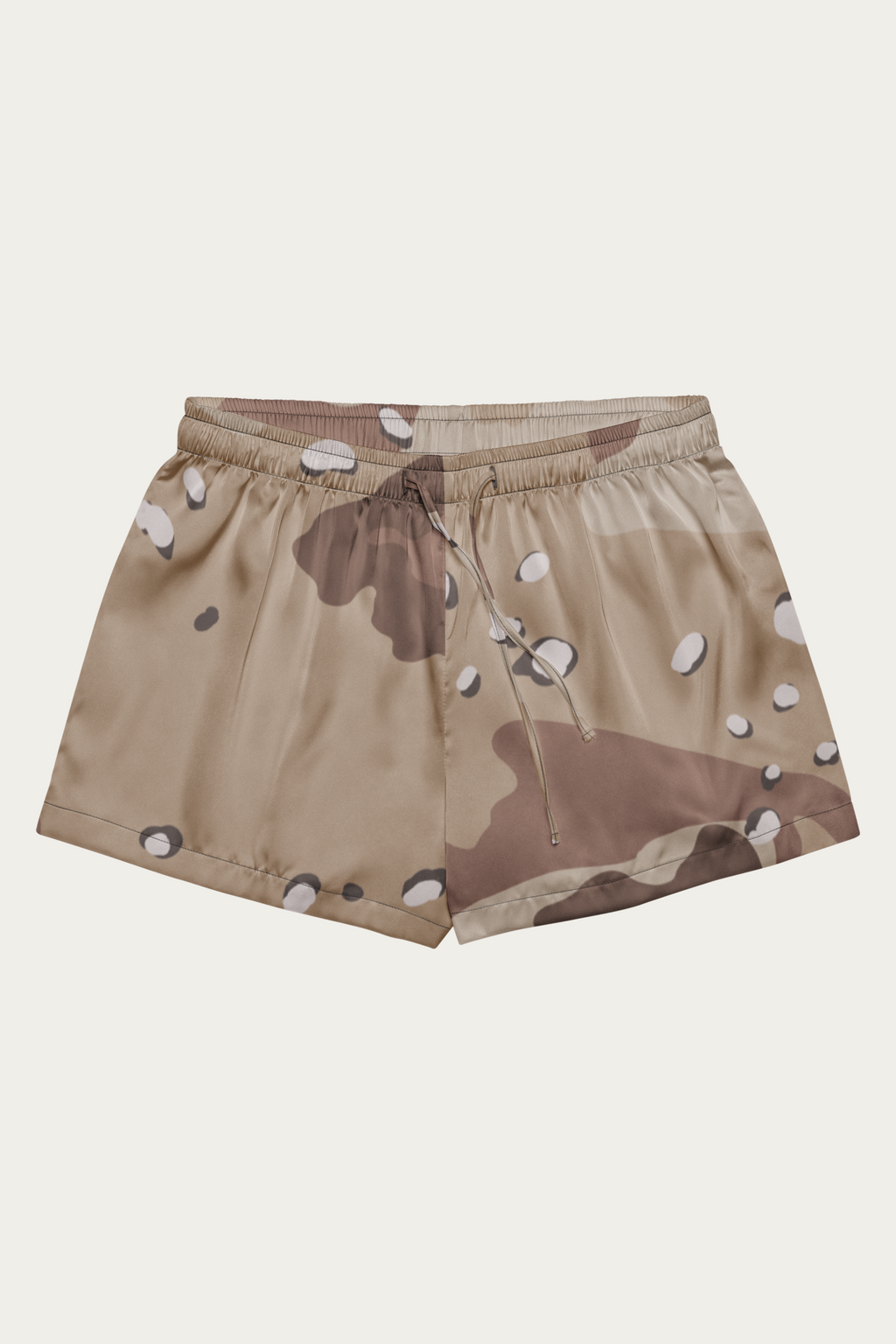 Satin Lounge Shorts, Desert Camo by Andre Blunt, shown on a Cloud White ground