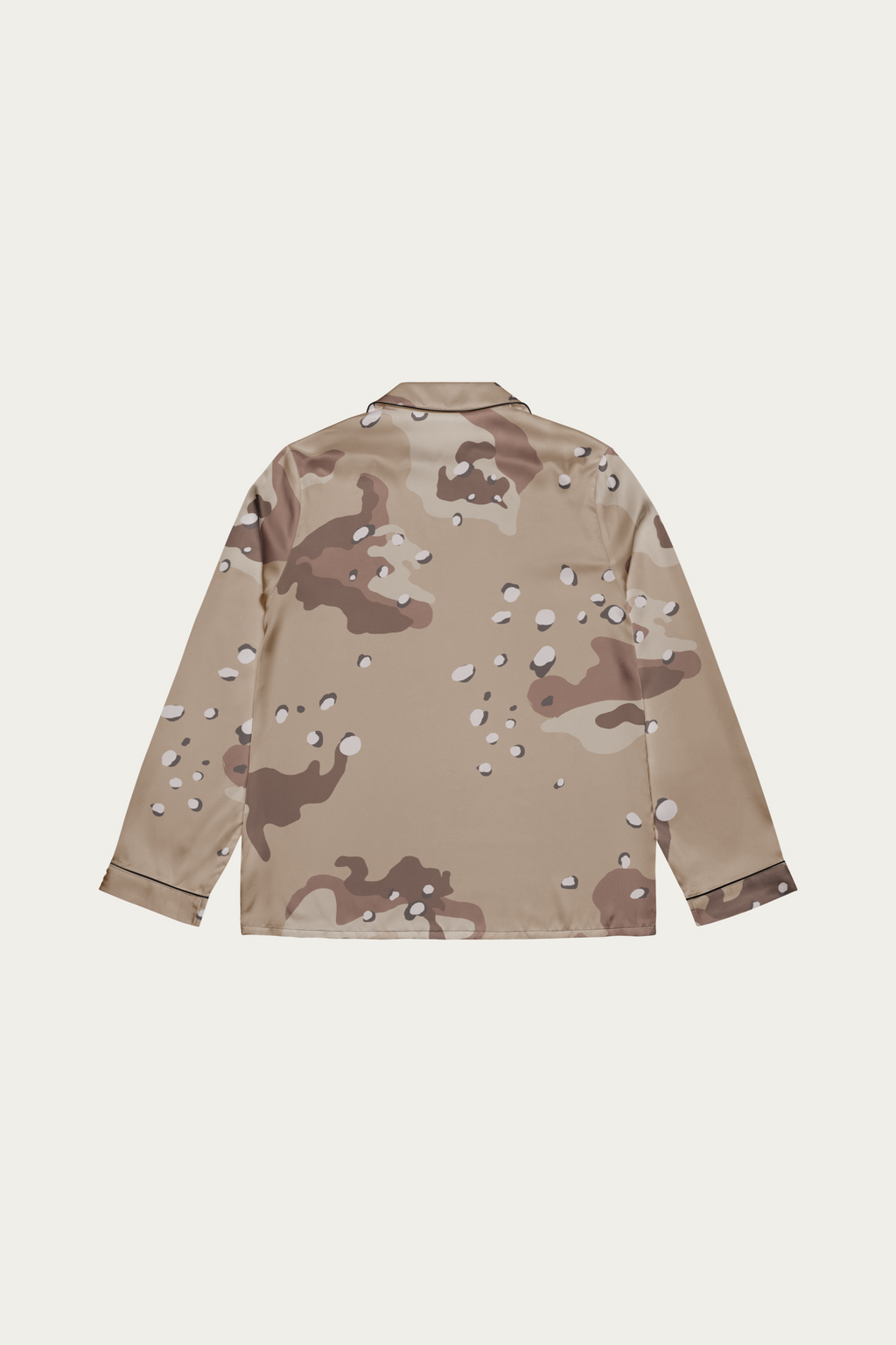 Satin Lounge Top, Desert Camo by Andre Blunt, from the back, on a Cloud White ground