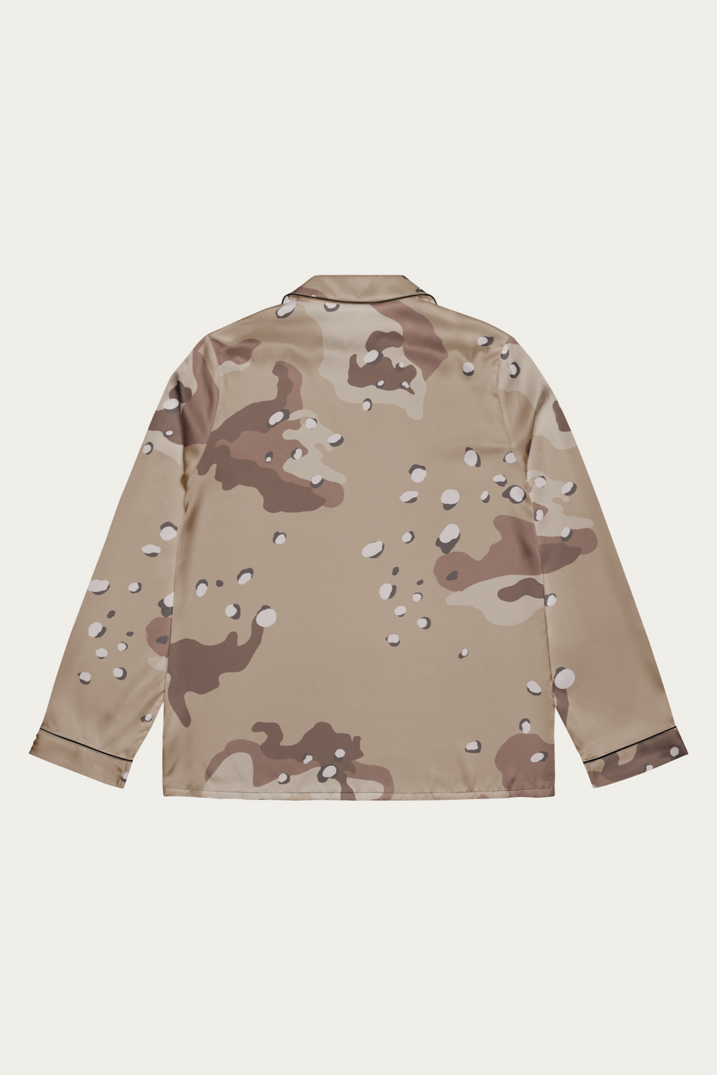 Satin Lounge Top, Desert Camo by Andre Blunt, from the back, on a Cloud White ground