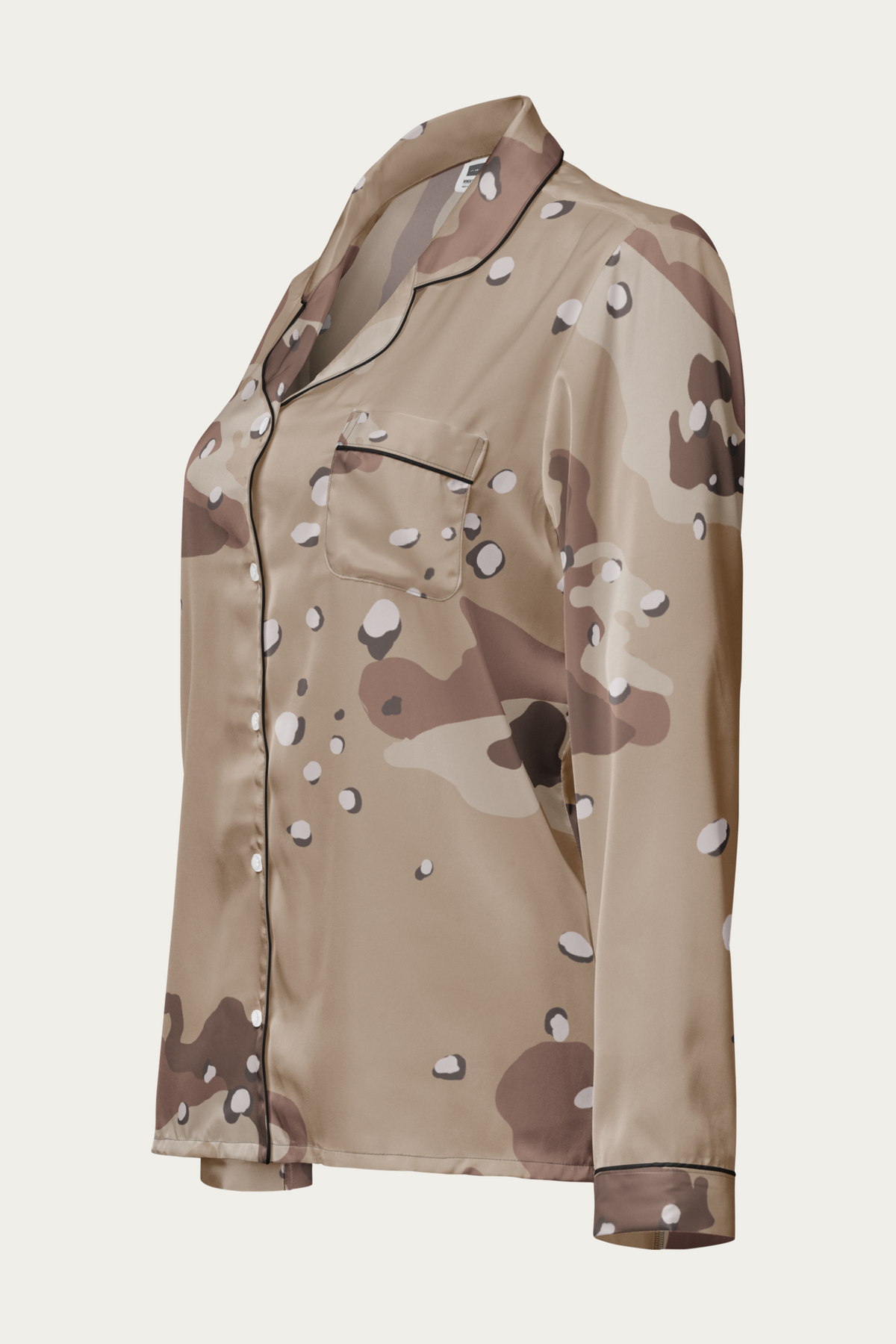 Satin Lounge Top, Desert Camo by Andre Blunt, from the left, on a Cloud White ground