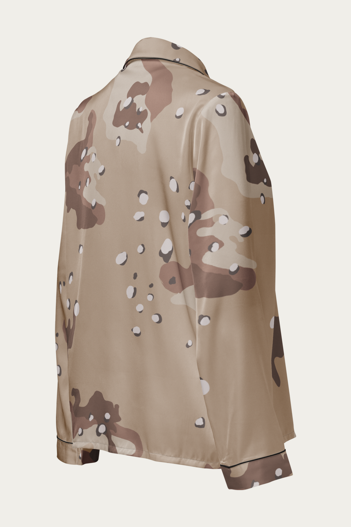 Satin Lounge Top, Desert Camo by Andre Blunt, from the right, on a Cloud White ground