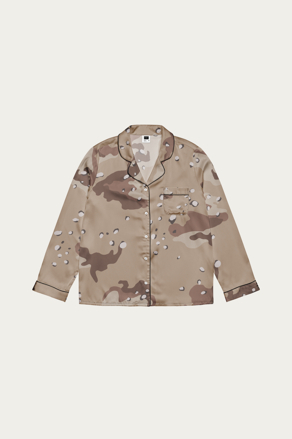 Satin Lounge Top, Desert Camo by Andre Blunt, shown on a Cloud White ground