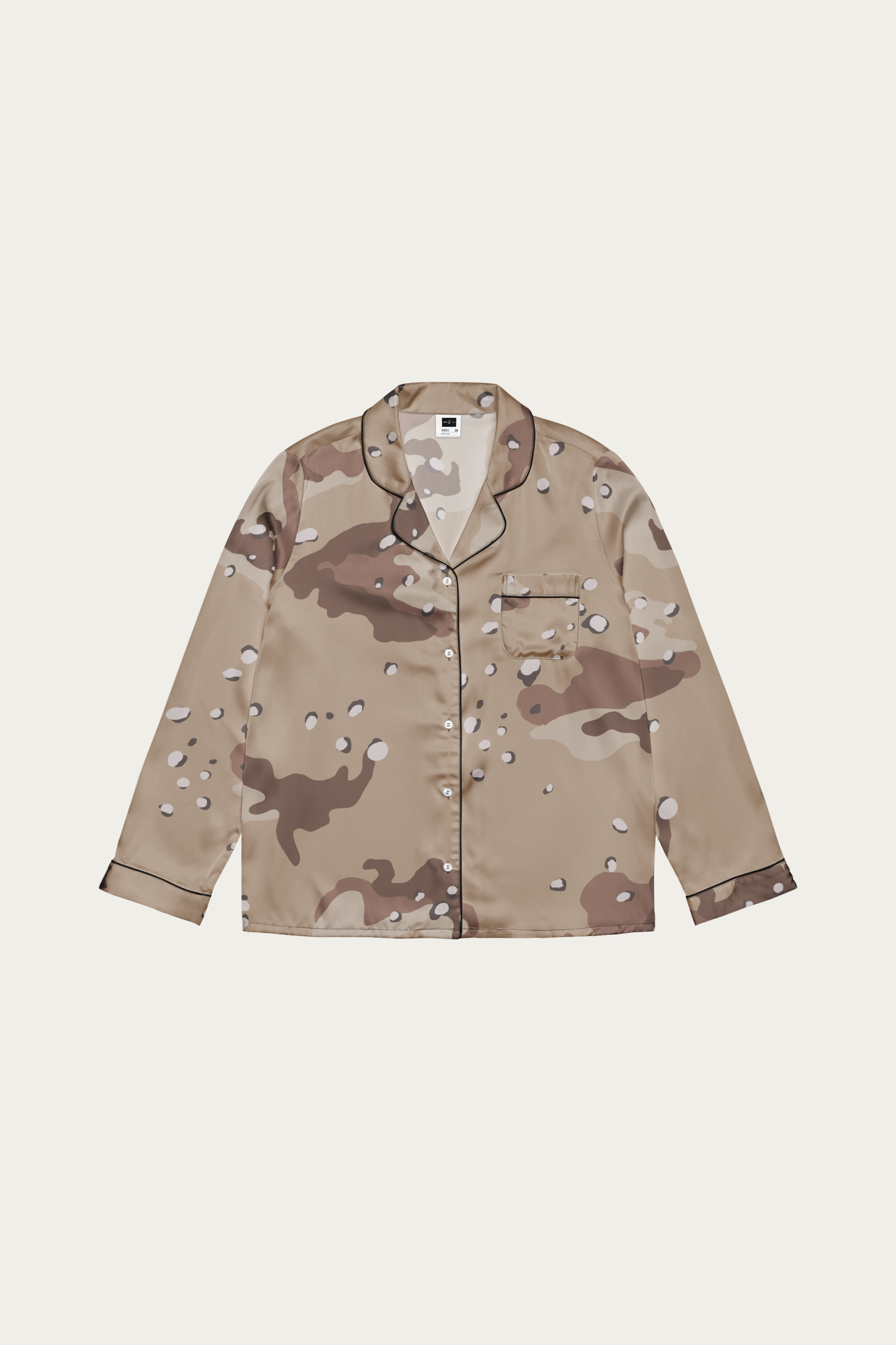 Satin Lounge Top, Desert Camo by Andre Blunt, shown on a Cloud White ground