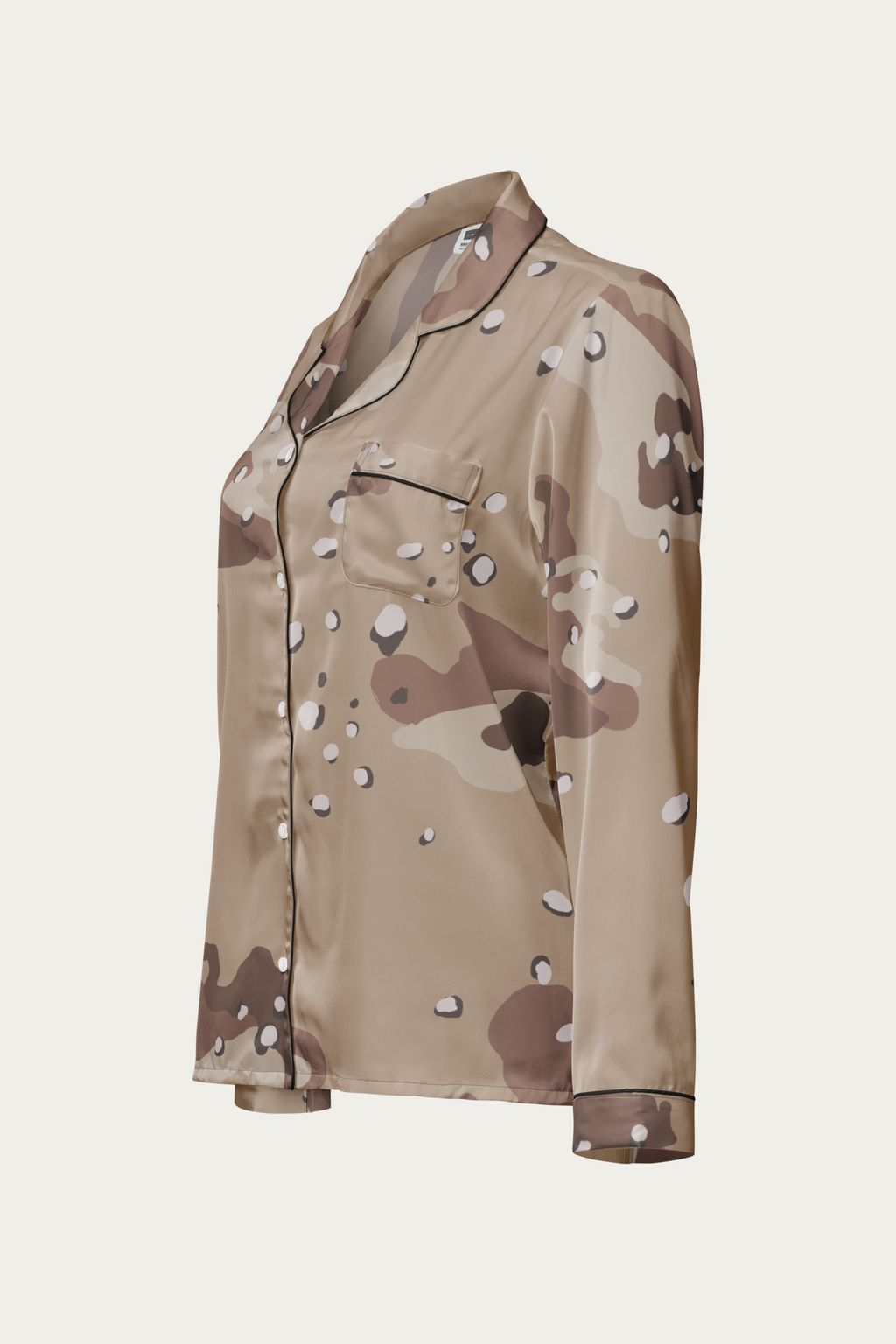 Satin Lounge Top, Desert Camo by Andre Blunt, from the left, on a Cloud White ground