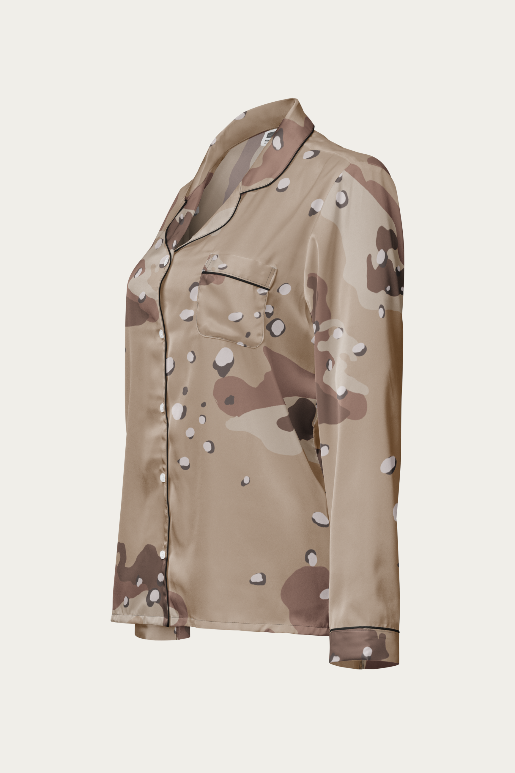 Satin Lounge Top, Desert Camo by Andre Blunt, from the left, on a Cloud White ground