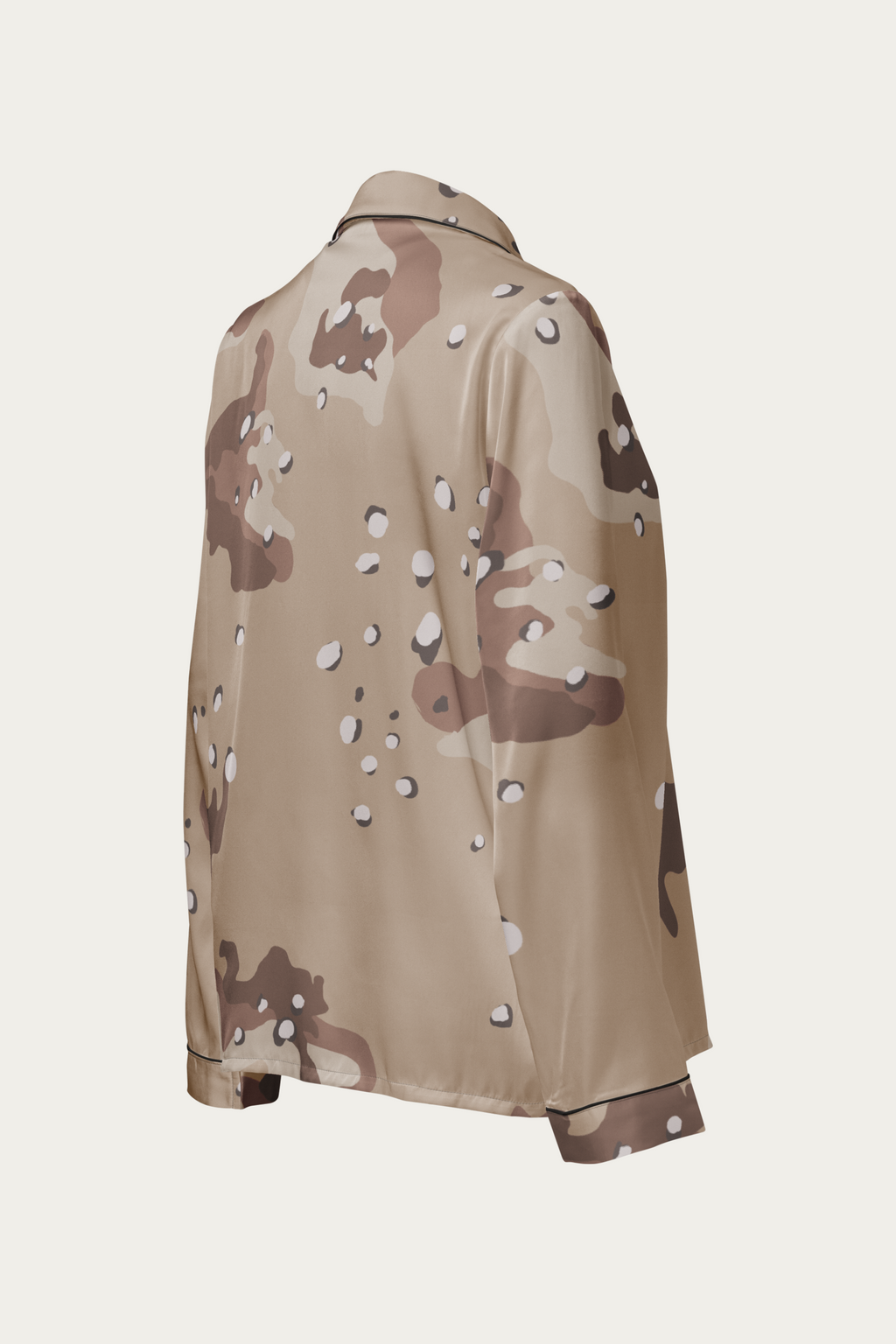 Satin Lounge Top, Desert Camo by Andre Blunt, from the right, on a Cloud White ground
