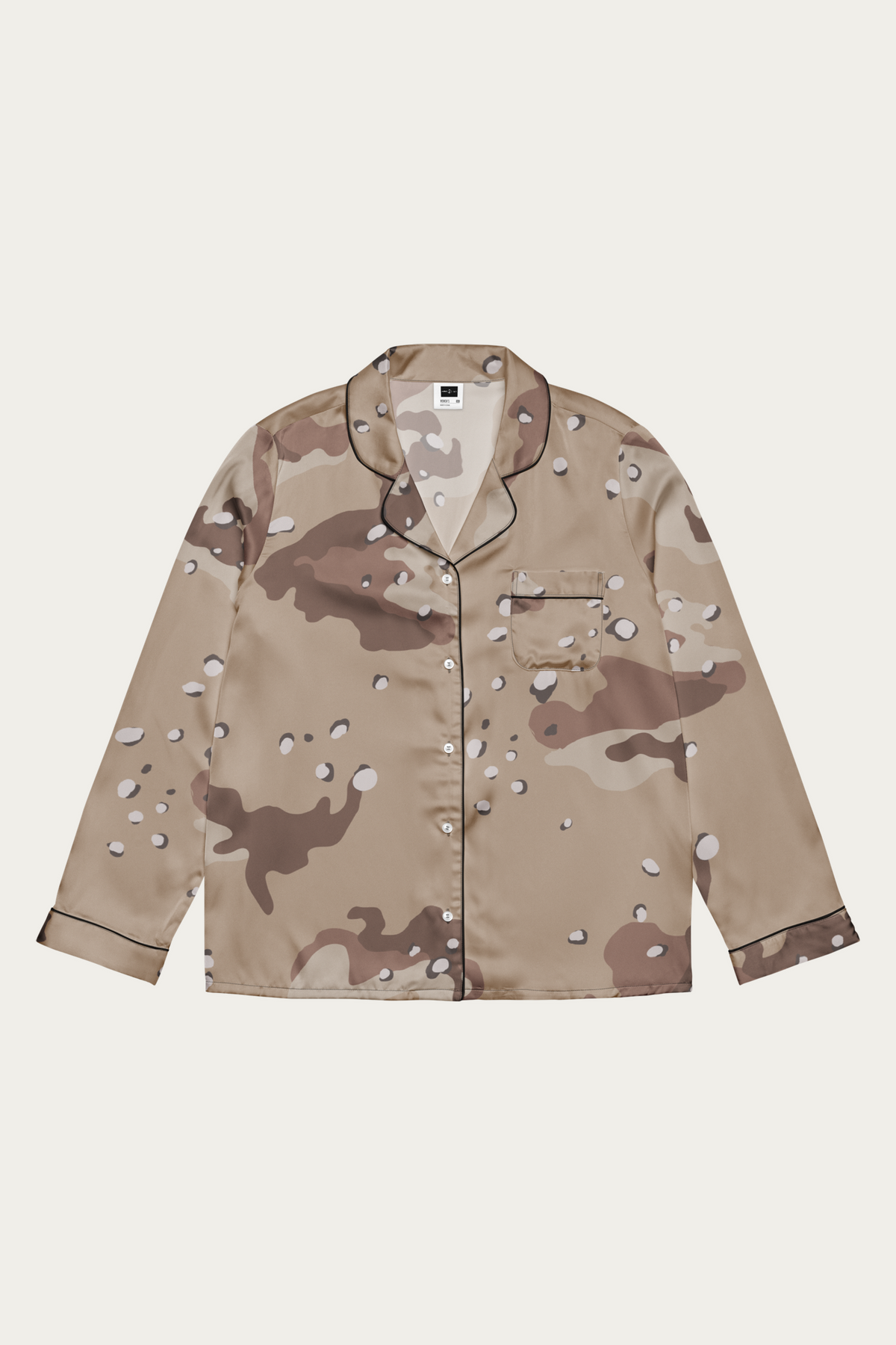 Satin Lounge Top, Desert Camo by Andre Blunt, shown on a Cloud White ground