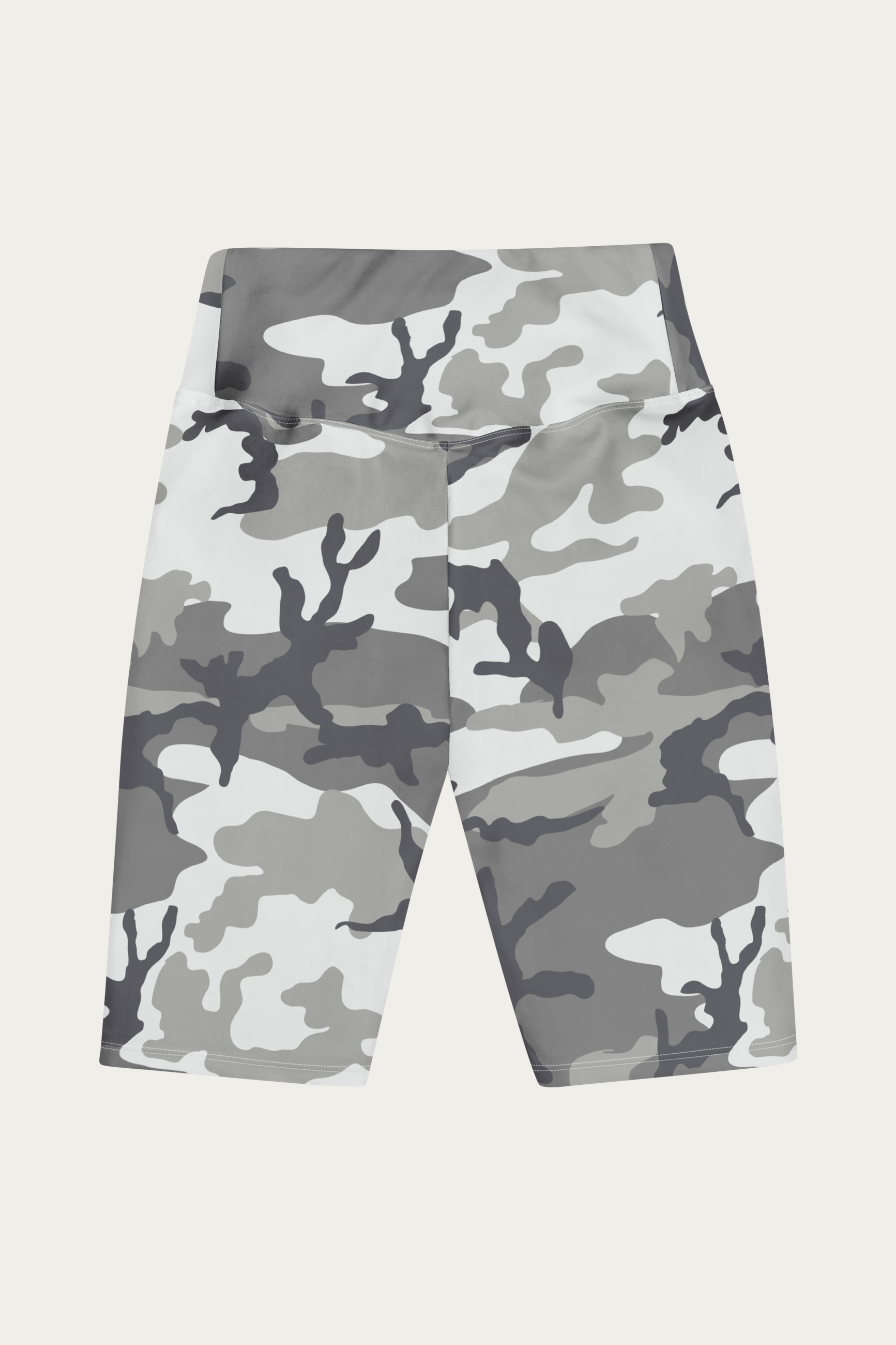 Snow Camo Biker Shorts by Andre Blunt, from the back, on a Cloud White ground