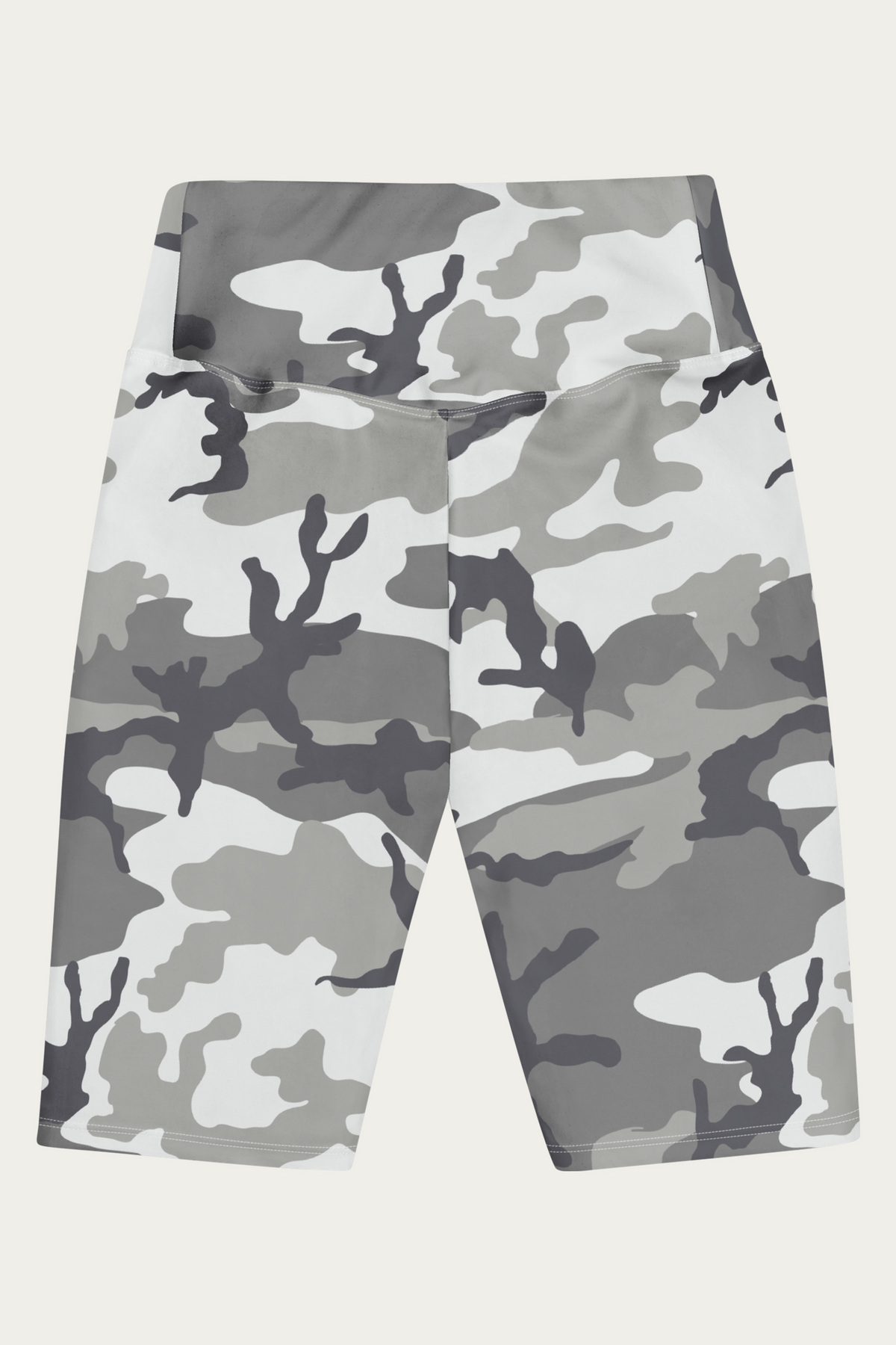 Snow Camo Biker Shorts by Andre Blunt, from the back, on a Cloud White ground