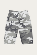 Snow Camo Biker Shorts by Andre Blunt, shown on a Cloud White ground