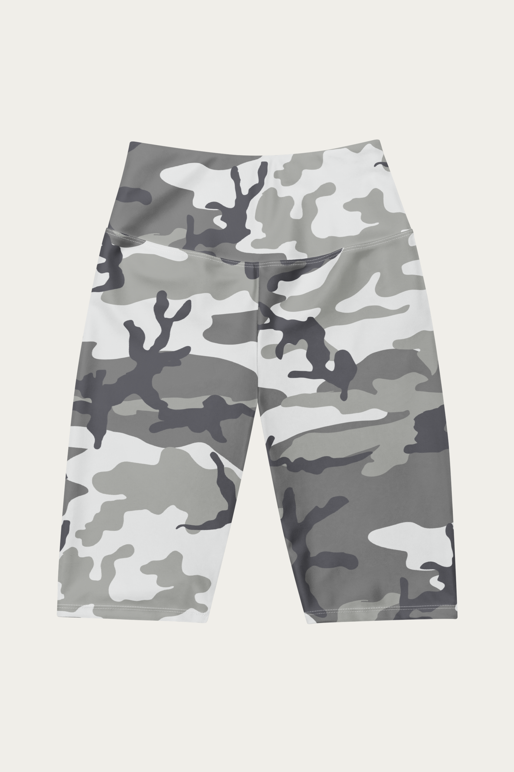 Snow Camo Biker Shorts by Andre Blunt, shown on a Cloud White ground