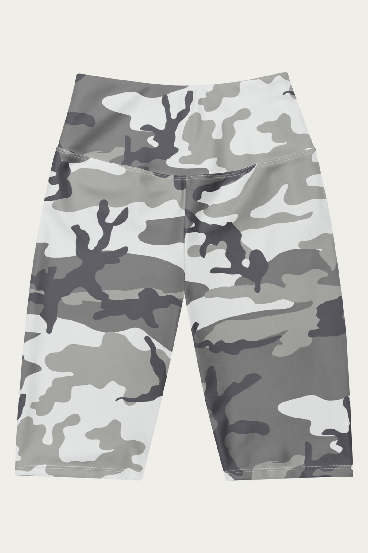 Snow Camo Biker Shorts by Andre Blunt, shown on a Cloud White ground