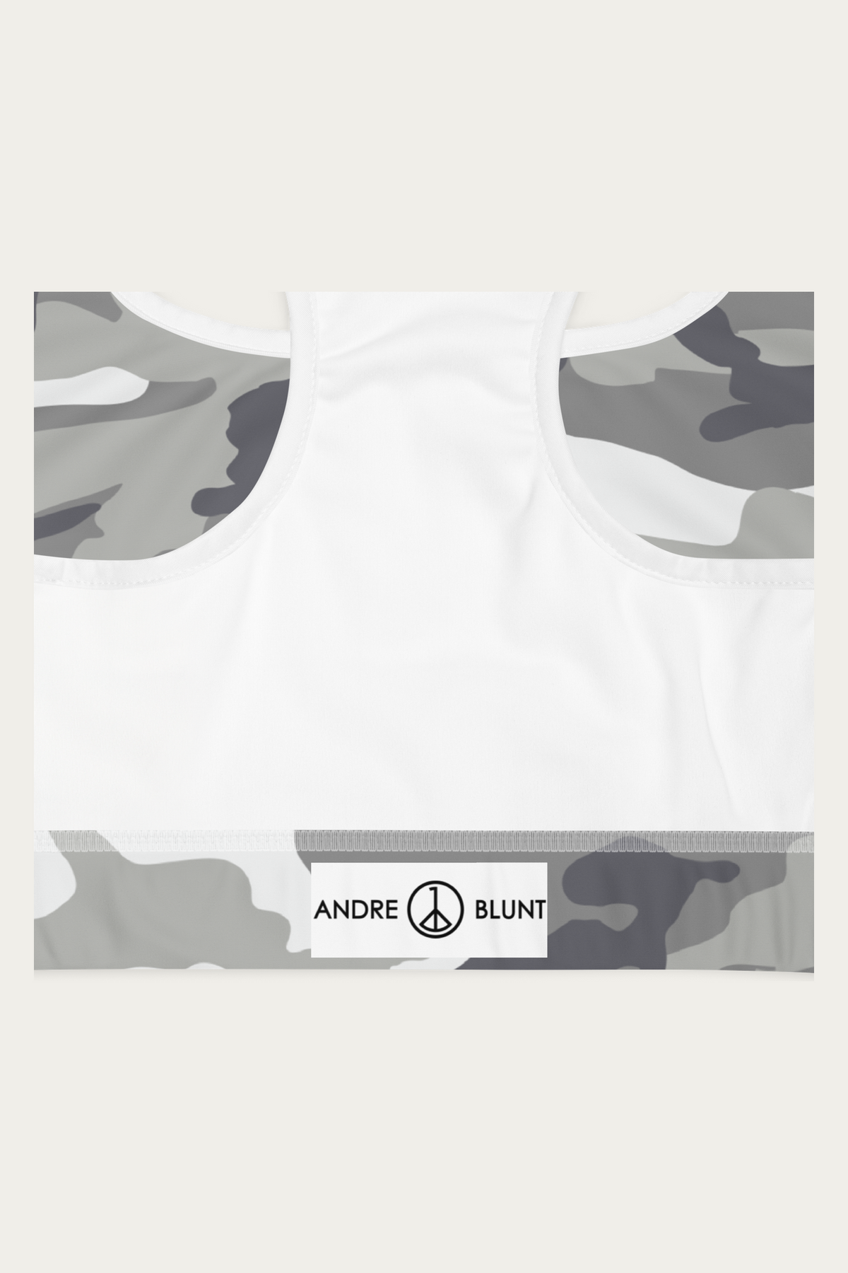 Snow Camo Sports Bra by Andre Blunt, detail, on a Cloud White ground