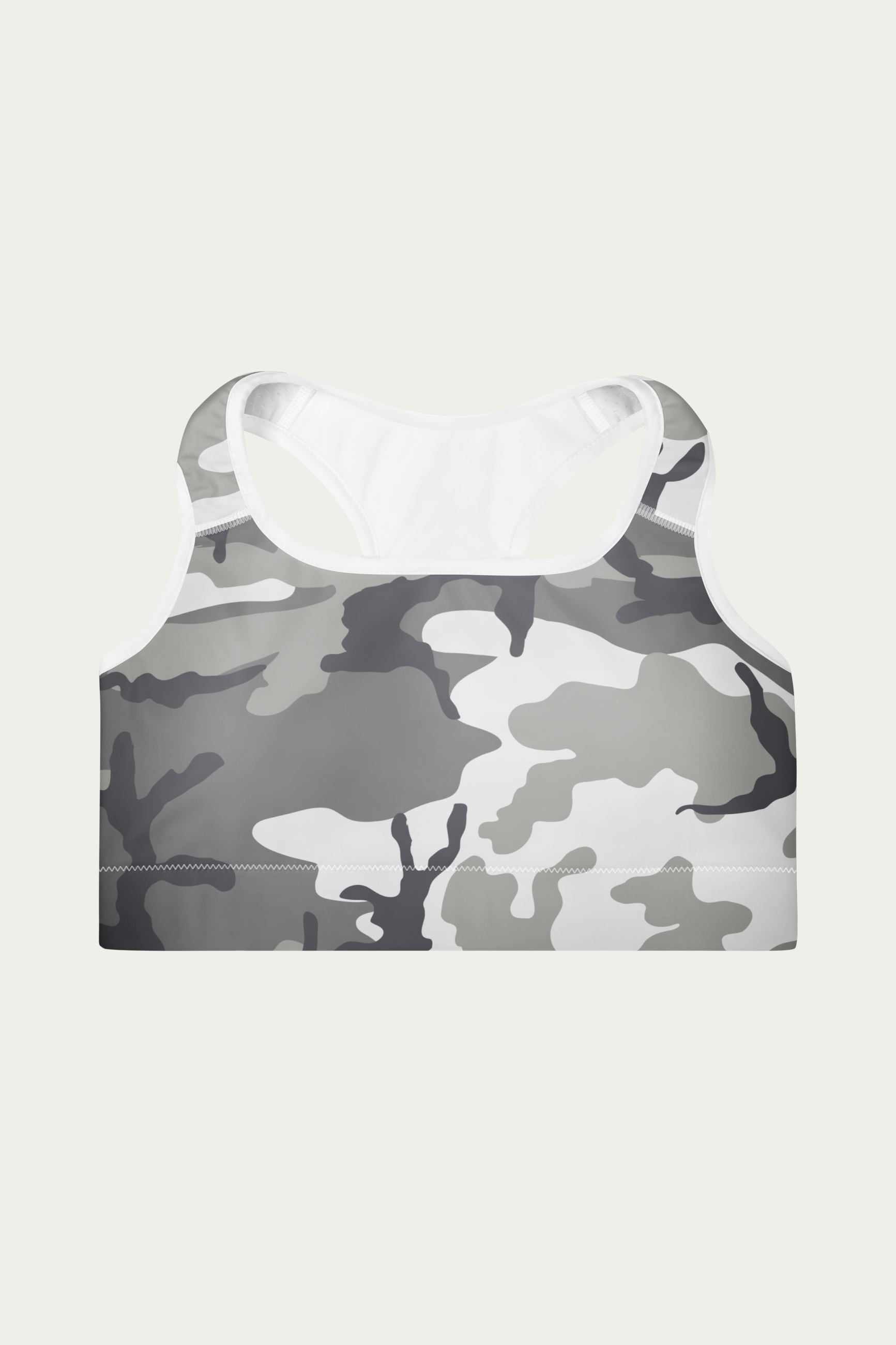 Snow Camo Sports Bra by Andre Blunt, shown on a Cloud White ground