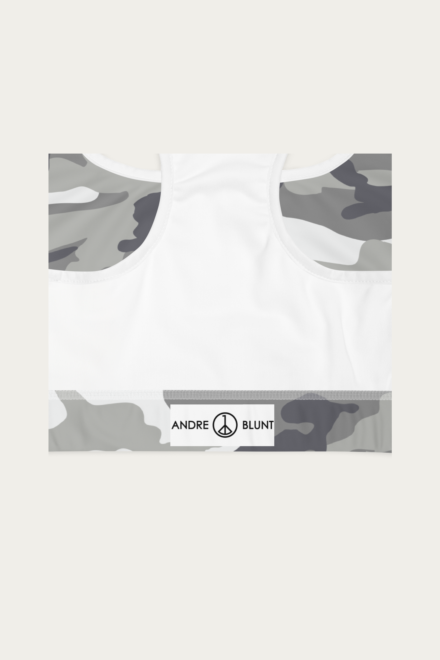 Snow Camo Sports Bra by Andre Blunt, detail, on a Cloud White ground