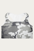 Snow Camo Sports Bra by Andre Blunt, shown on a Cloud White ground