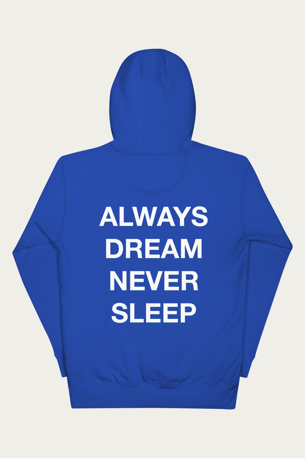 Statement Hoodie, Royal Blue by Andre Blunt, from the back, on a Cloud White ground