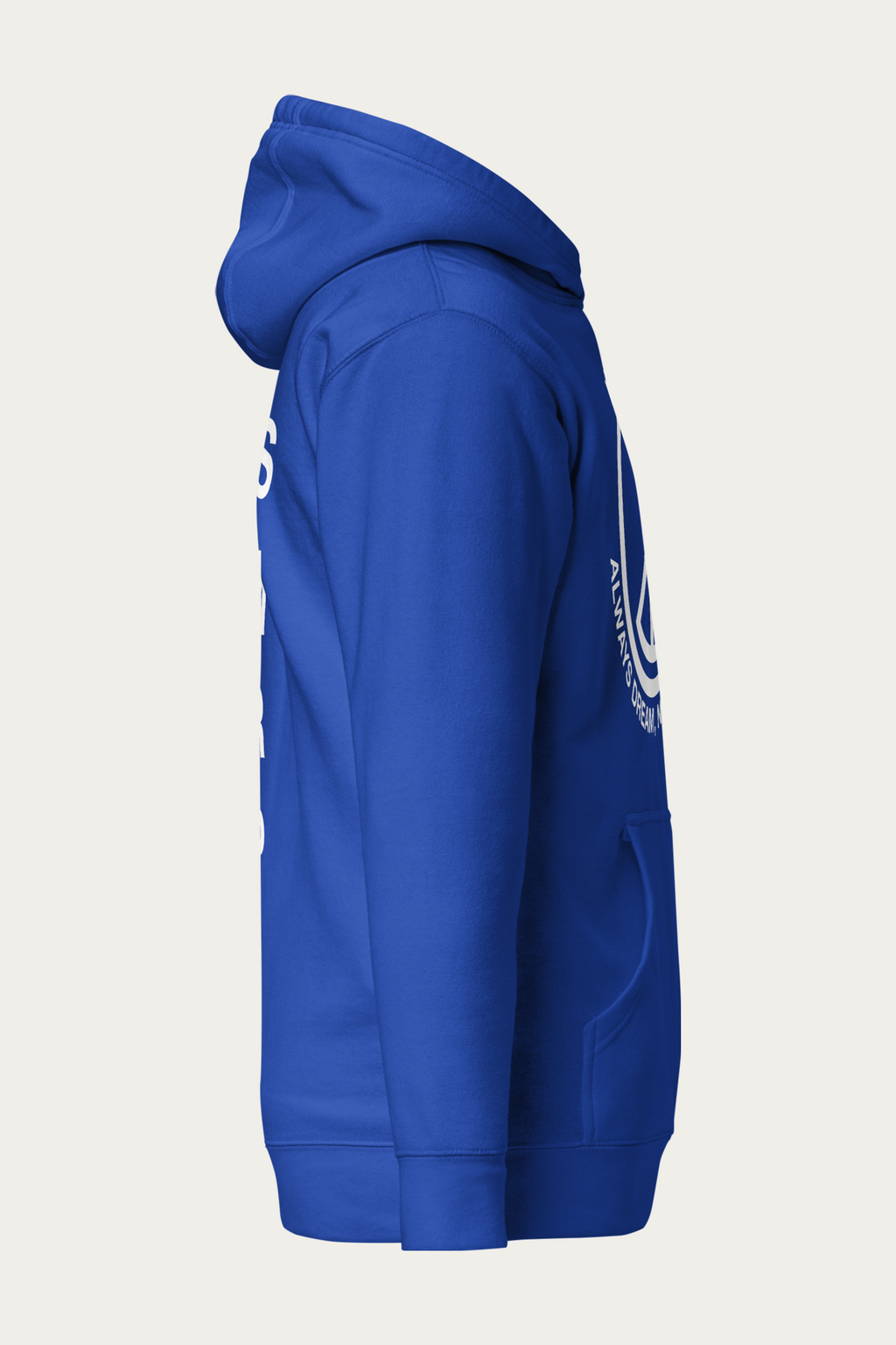 Statement Hoodie, Royal Blue by Andre Blunt, from the right, on a Cloud White ground