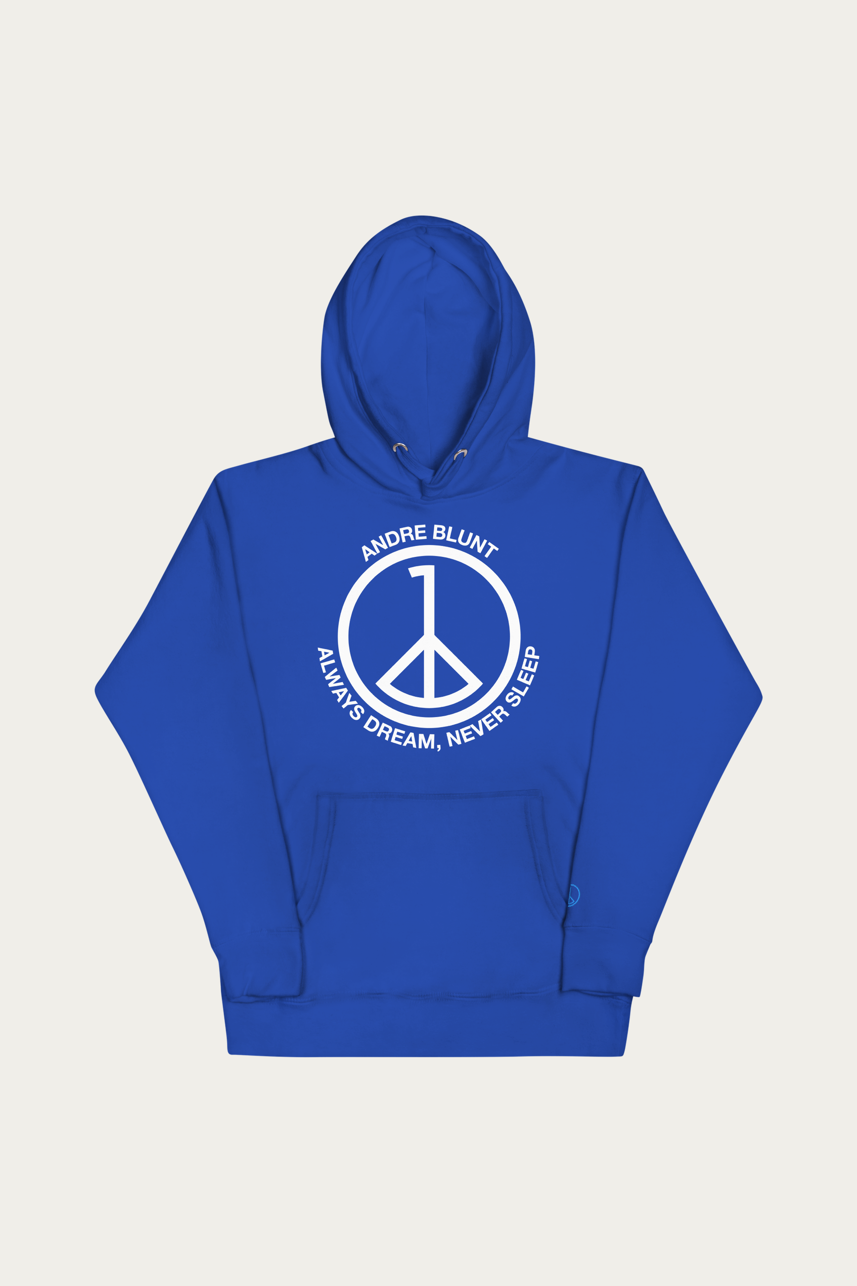 Statement Hoodie, Royal Blue by Andre Blunt, shown on a Cloud White ground