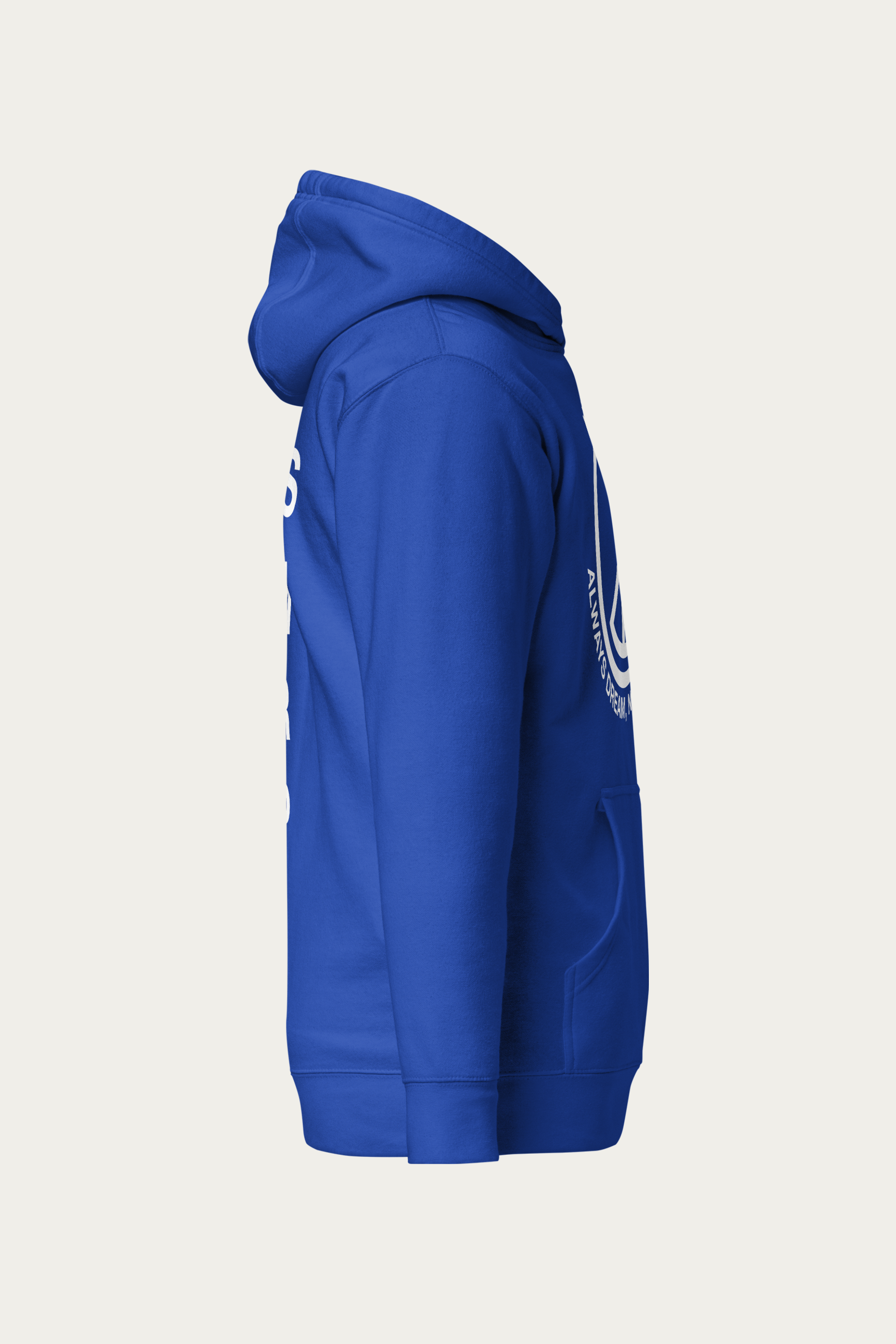 Statement Hoodie, Royal Blue by Andre Blunt, from the right, on a Cloud White ground