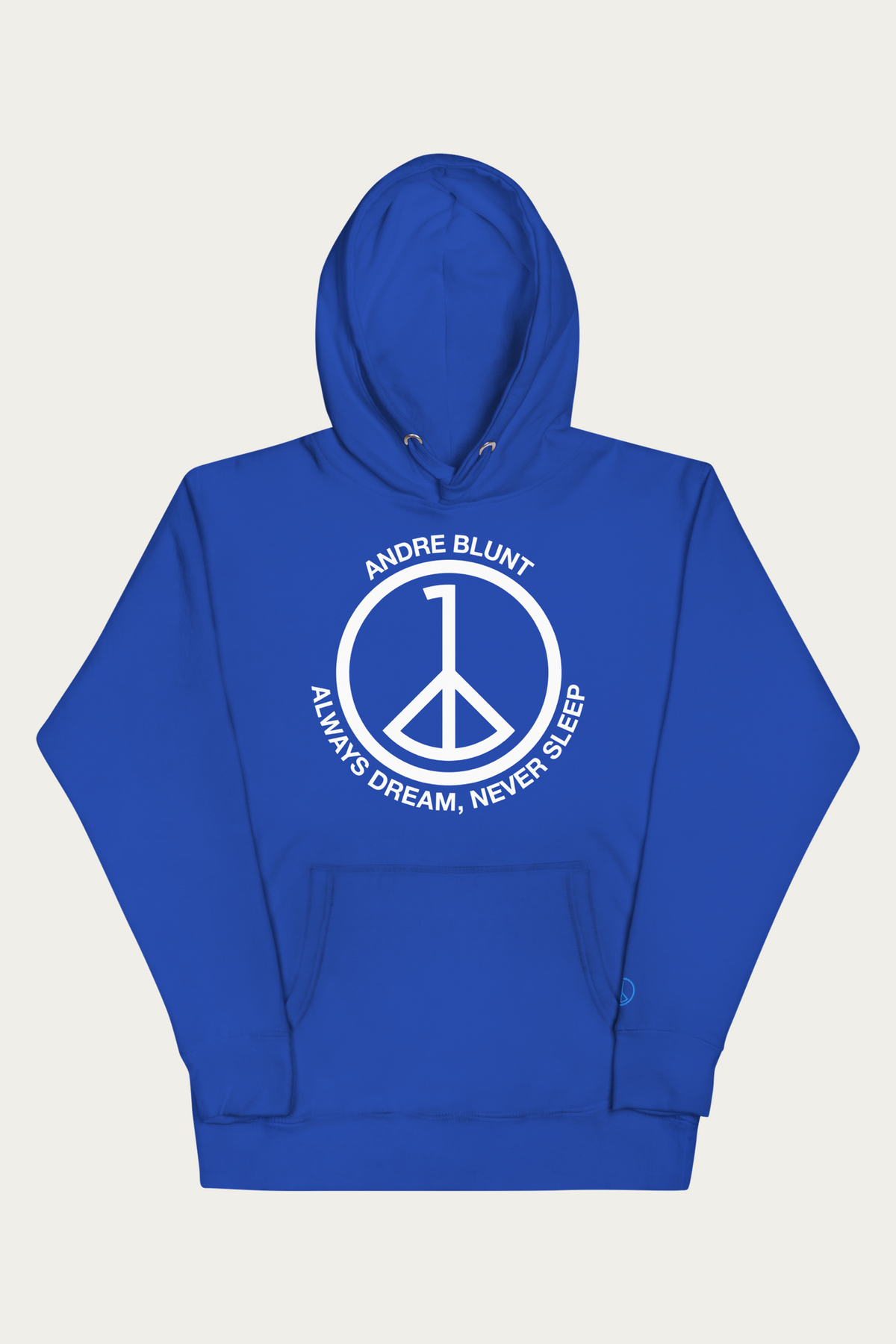 Statement Hoodie, Royal Blue by Andre Blunt, shown on a Cloud White ground