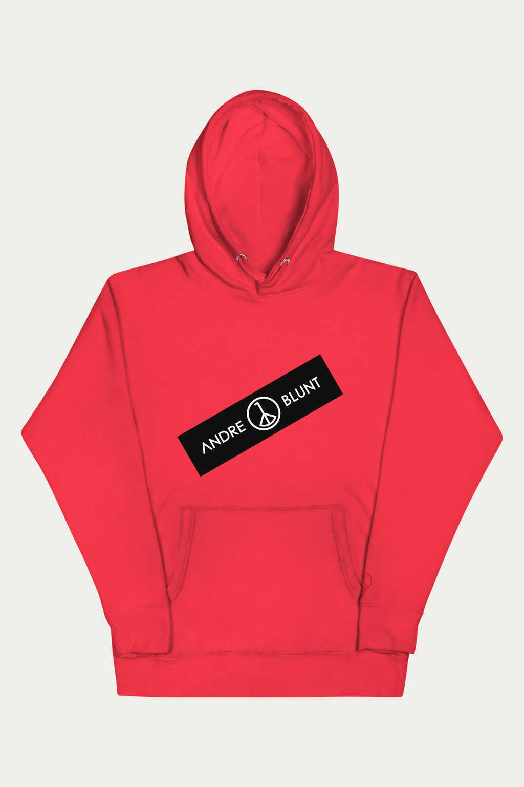Sticker Print Hoodie, Red by Andre Blunt, shown on a Cloud White ground