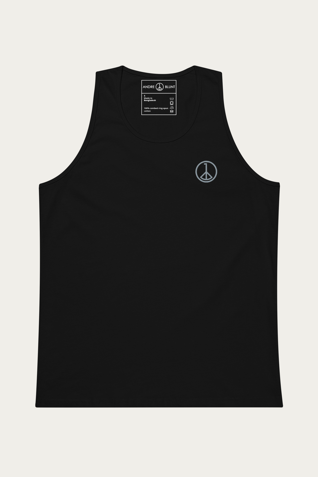 Tank Top, Black by Andre Blunt, shown on a Cloud White ground