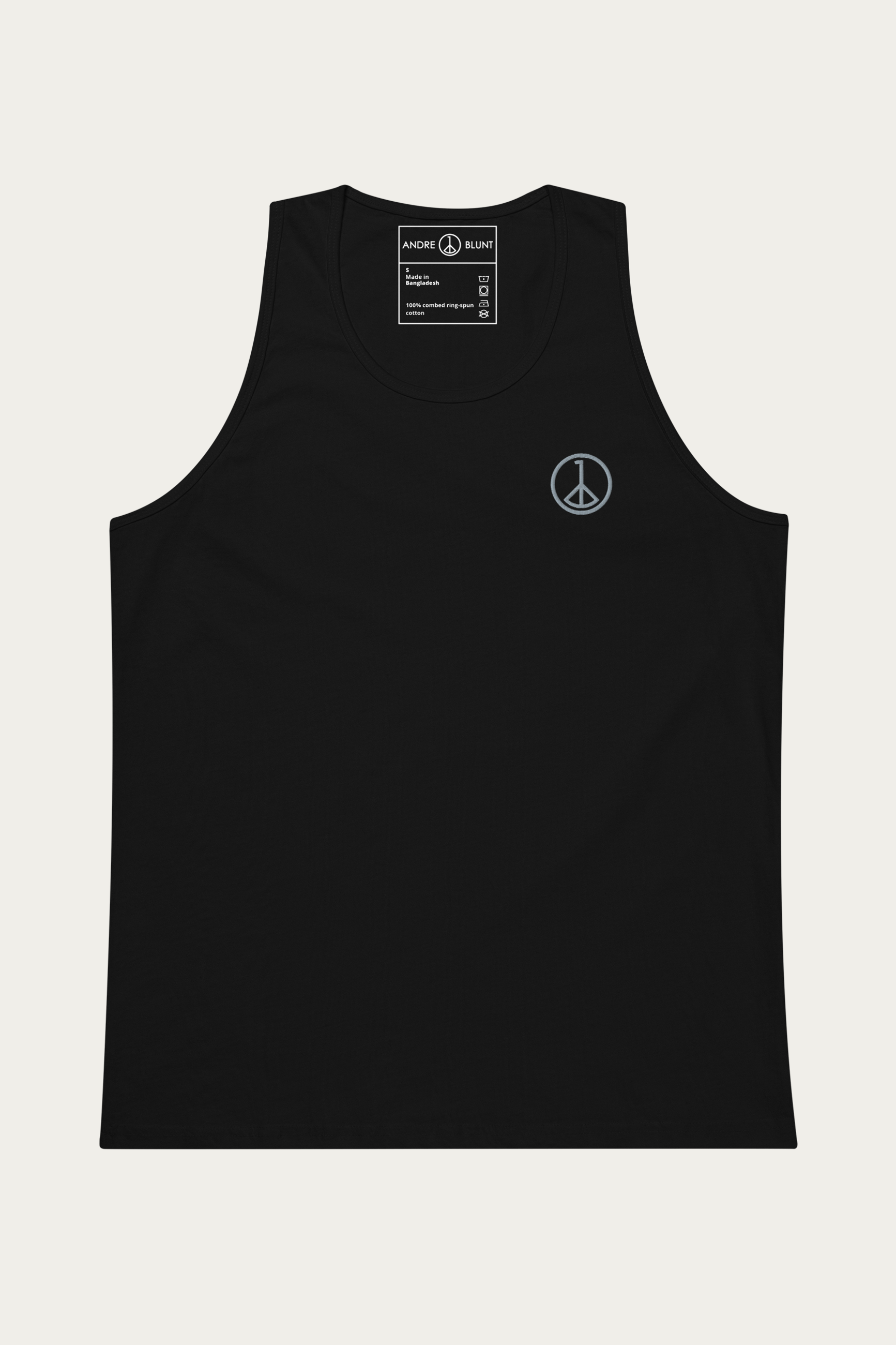 Tank Top, Black by Andre Blunt, shown on a Cloud White ground