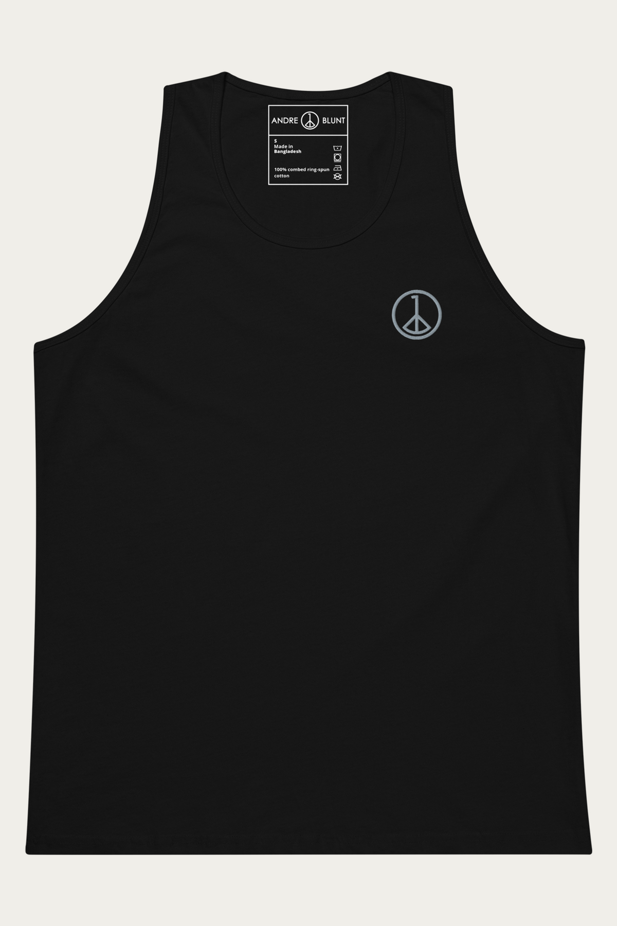 Tank Top, Black by Andre Blunt, shown on a Cloud White ground