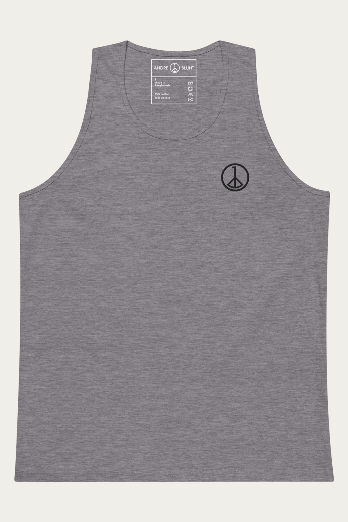 Tank Top, Grey by Andre Blunt, shown on a Cloud White ground