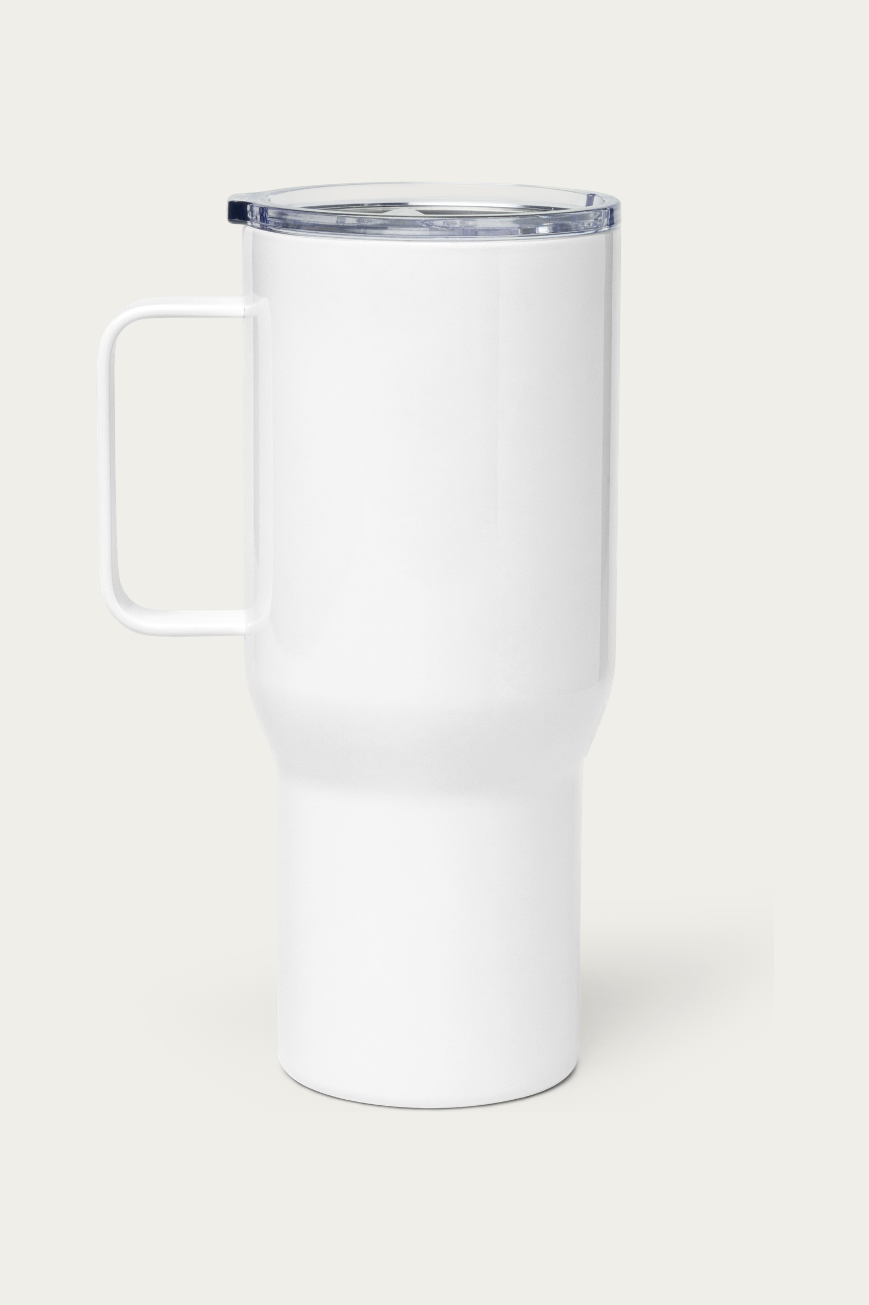 Travel Mug, 25 oz by Andre Blunt, from the right, on a Cloud White ground