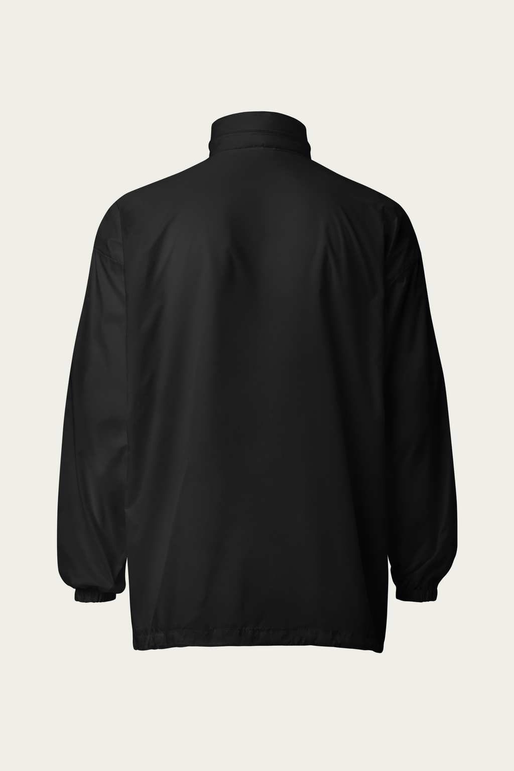 Windbreaker, Black by Andre Blunt, from the back, on a Cloud White ground