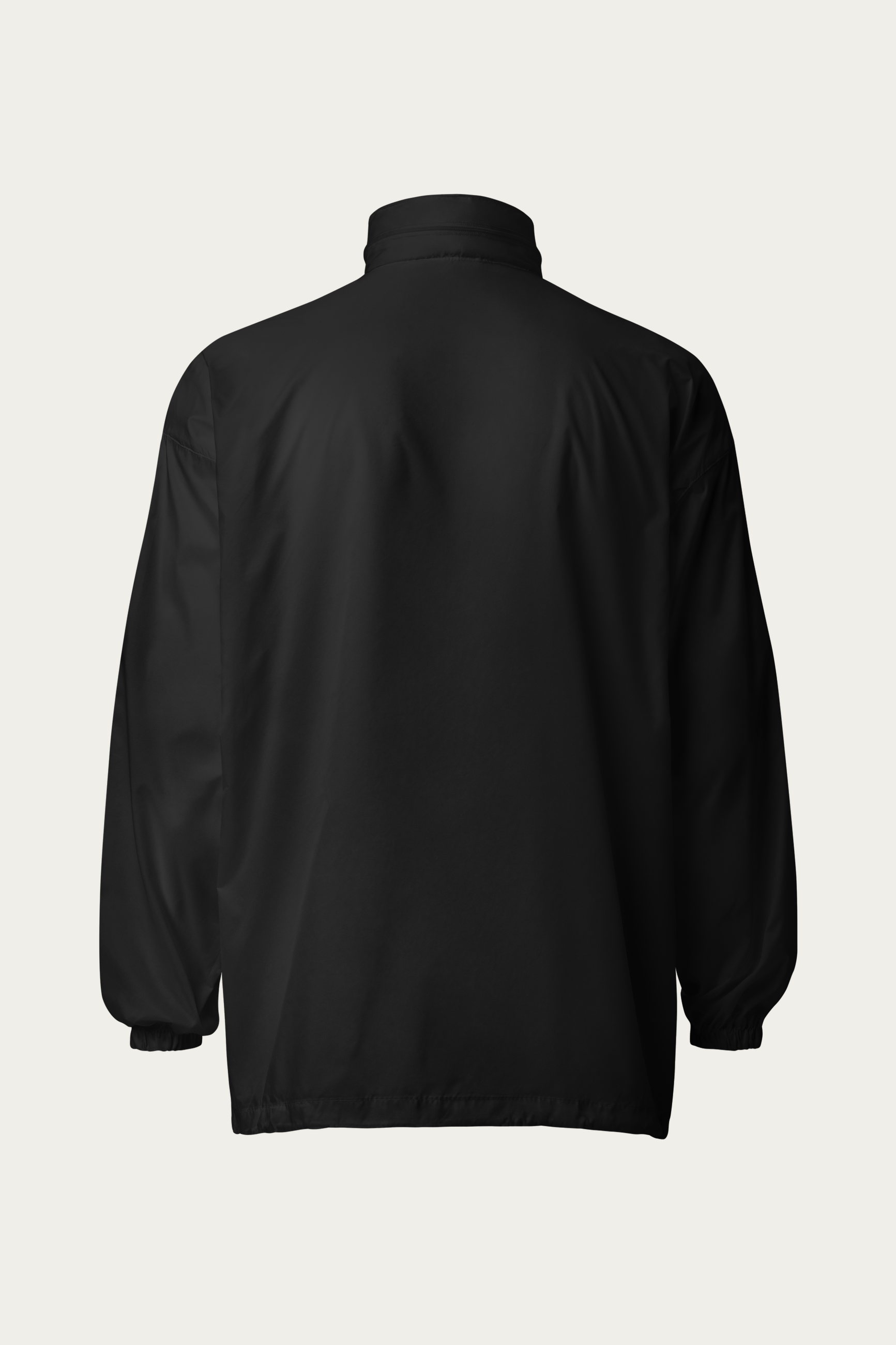 Windbreaker, Black by Andre Blunt, from the back, on a Cloud White ground