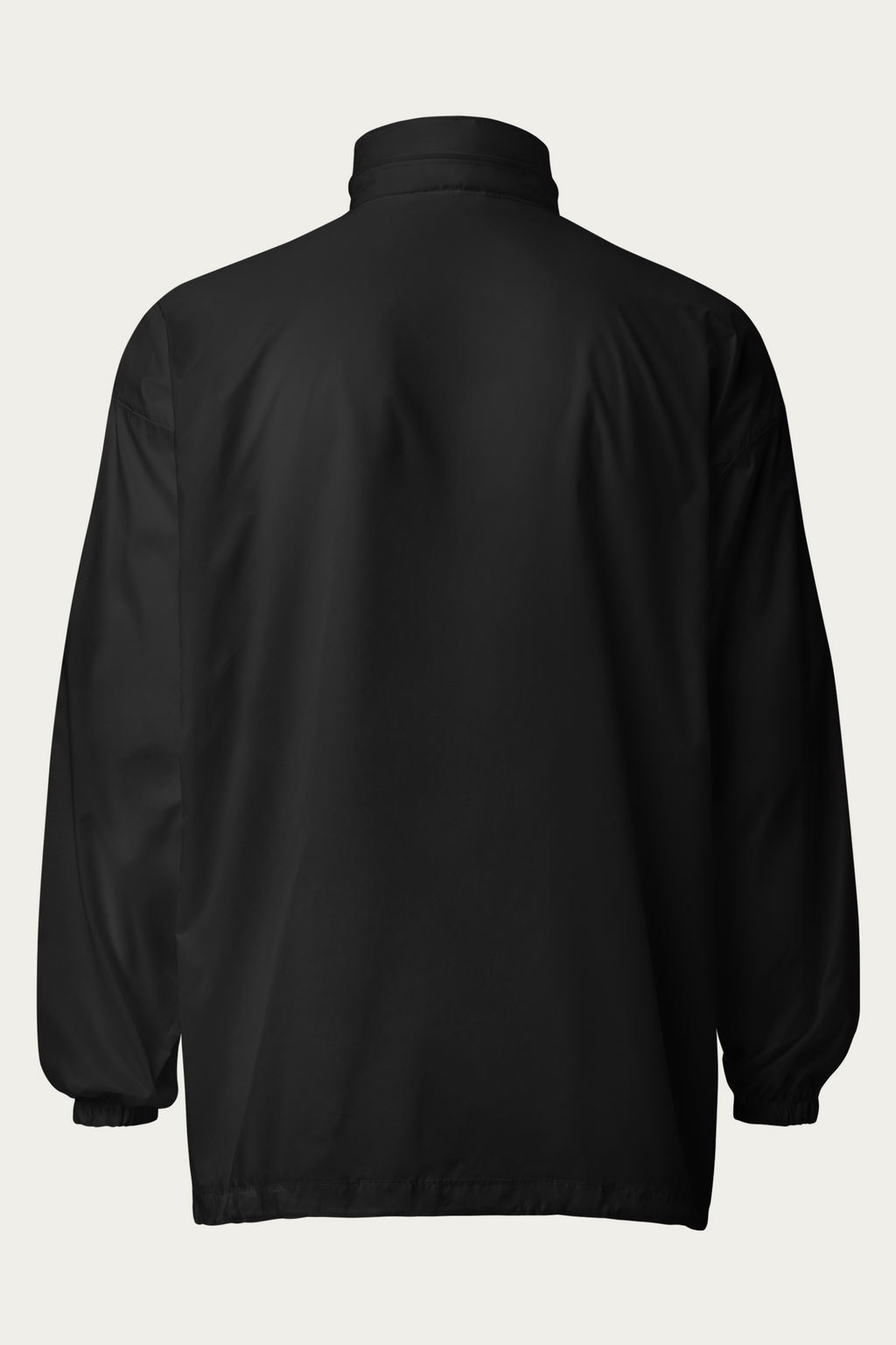 Windbreaker, Black by Andre Blunt, from the back, on a Cloud White ground